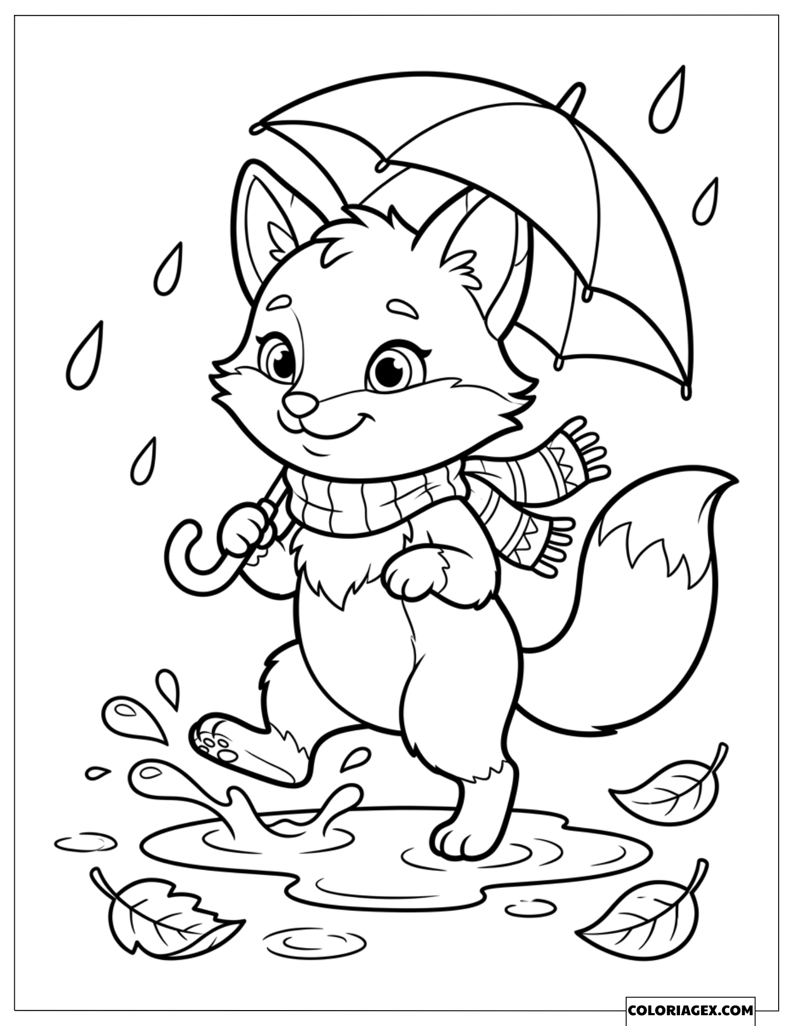 Coloriage Petit Renard en Écharpe Tenant un Parapluie dans une Puddle