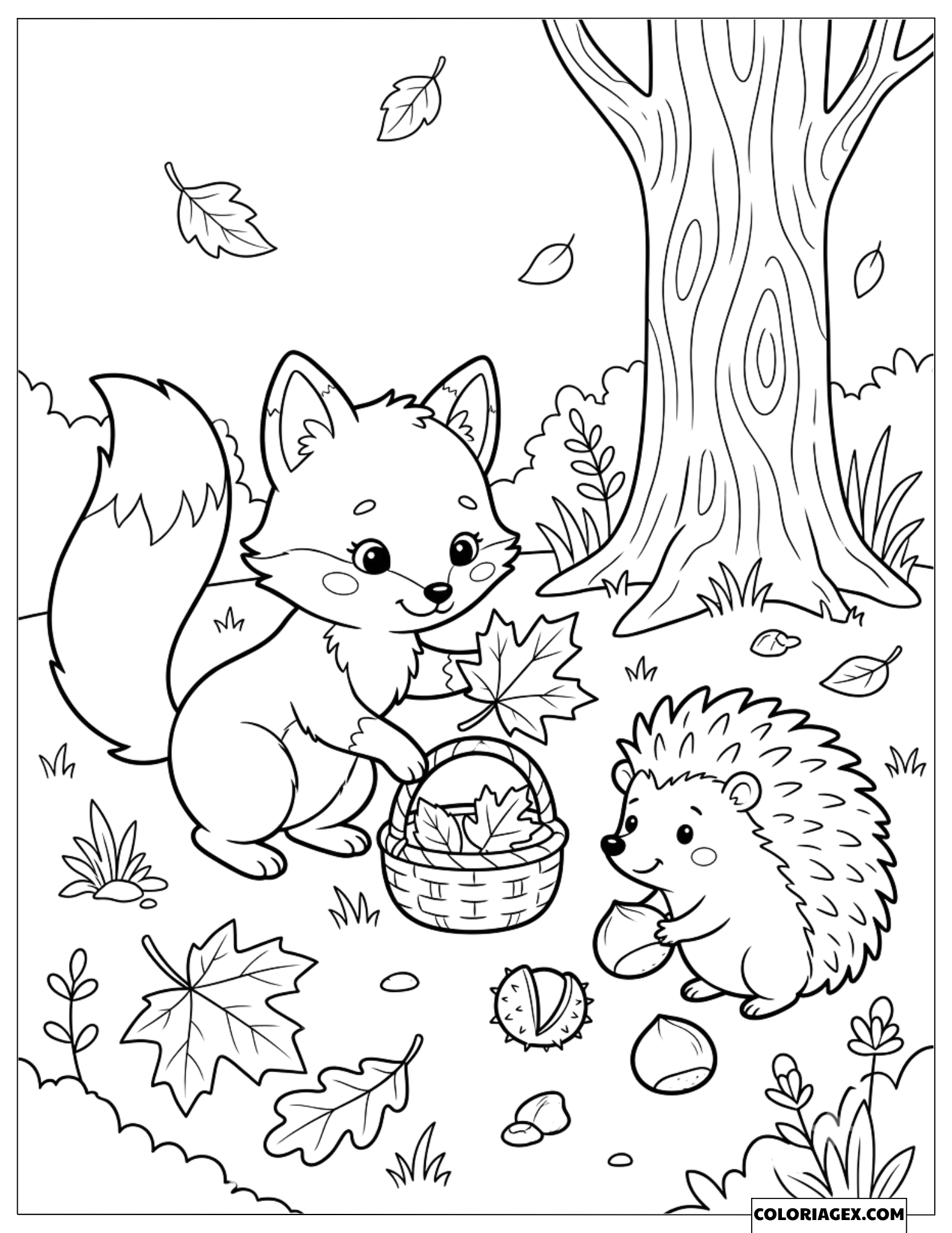 Coloriage Petit Renard et Hérisson Ramassant des Feuilles d'Automne