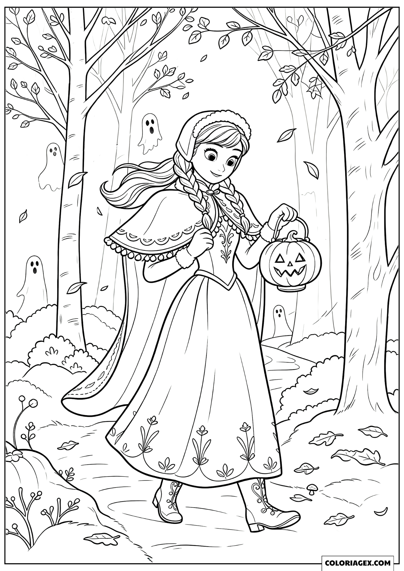 Coloriage Princesse Anna Explorant la Forêt Mystérieuse d'Halloween