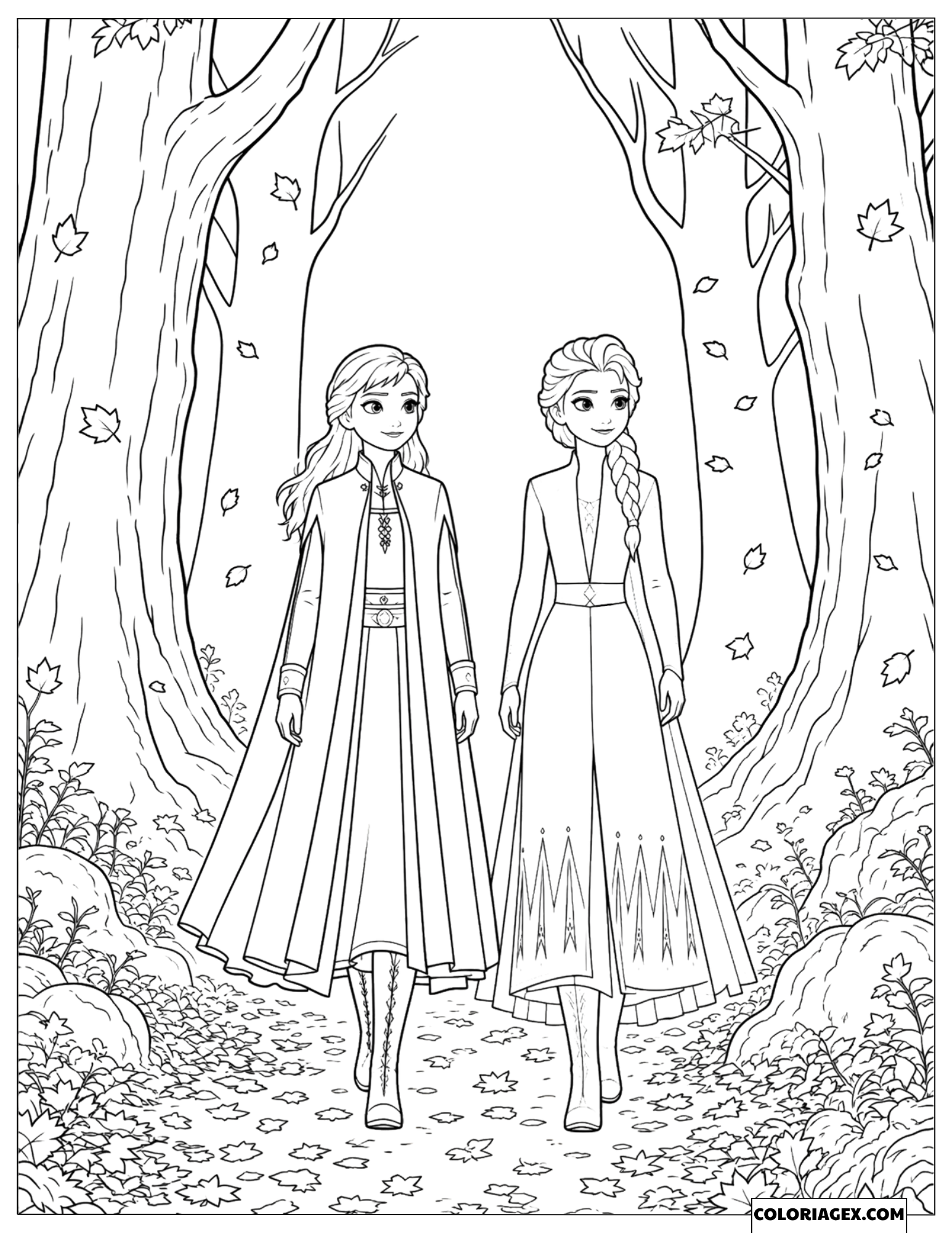 Coloriage Reine des Neiges 2 Anna et Elsa marchant dans la forêt