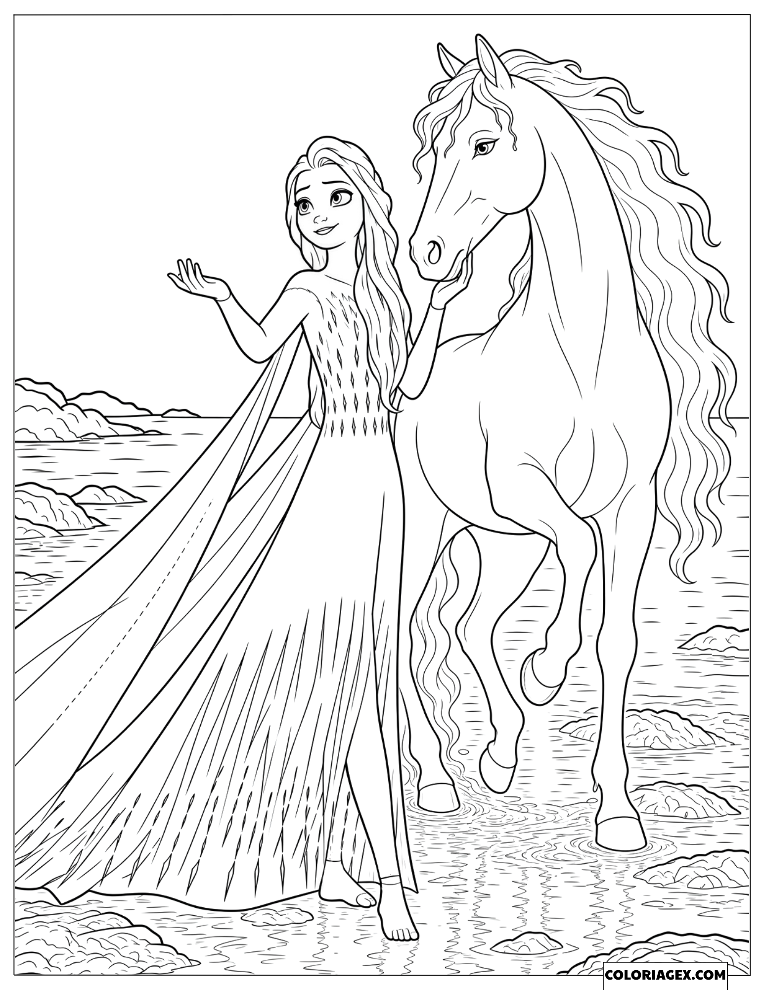 Coloriage Reine des Neiges 2 Elsa avec le cheval aquatique Nokk
