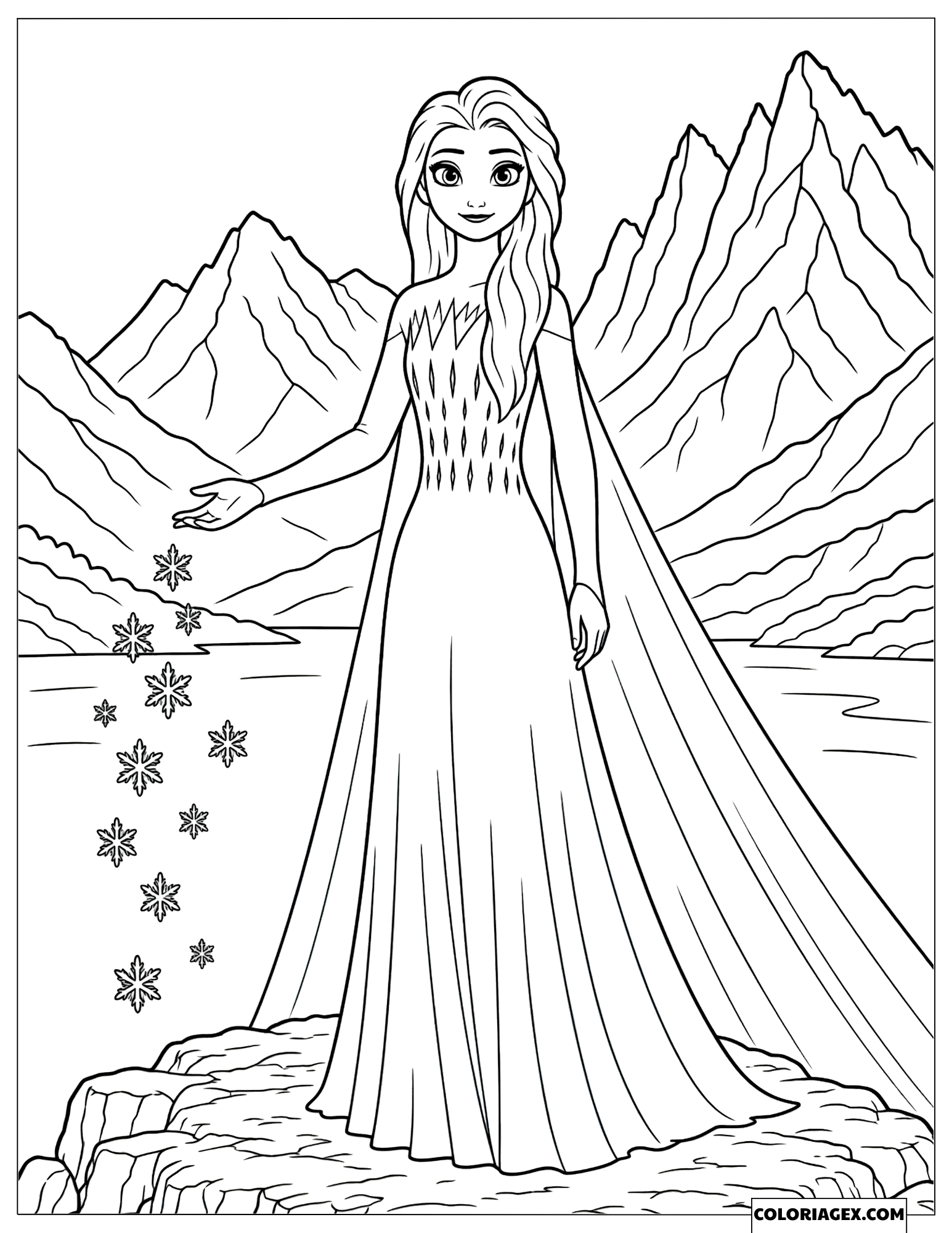 Coloriage Reine des Neiges 2 Elsa sur les rochers avec des flocons