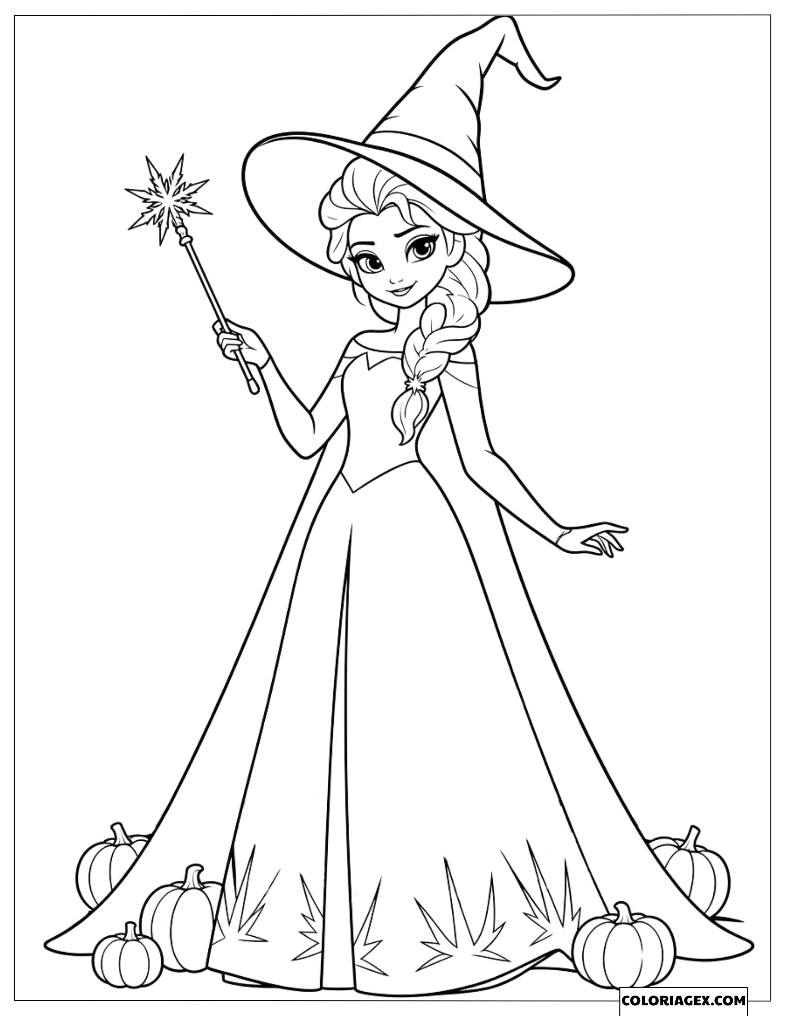 Coloriage Reine des Neiges Elsa en sorcière tenant une baguette magique