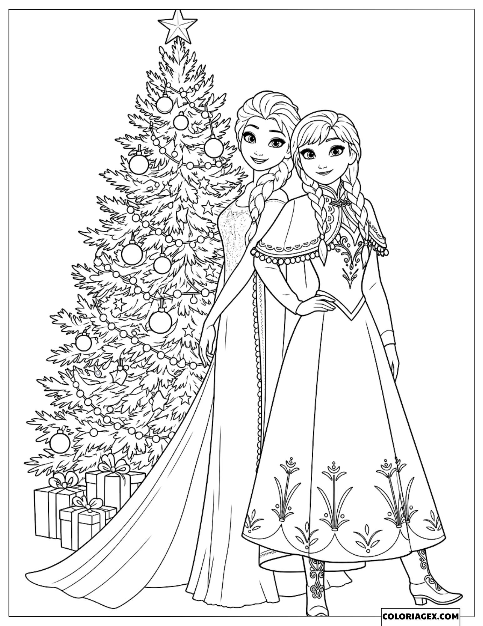 Coloriage Reine des Neiges Elsa et Anna près d'un sapin de Noël décoré