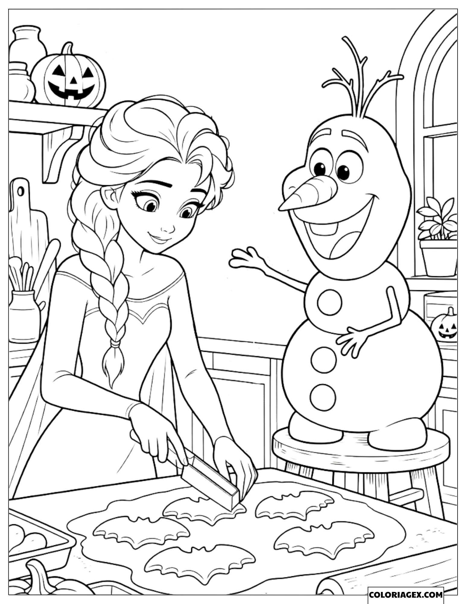 Coloriage Reine des Neiges Elsa et Olaf préparant des biscuits d'Halloween