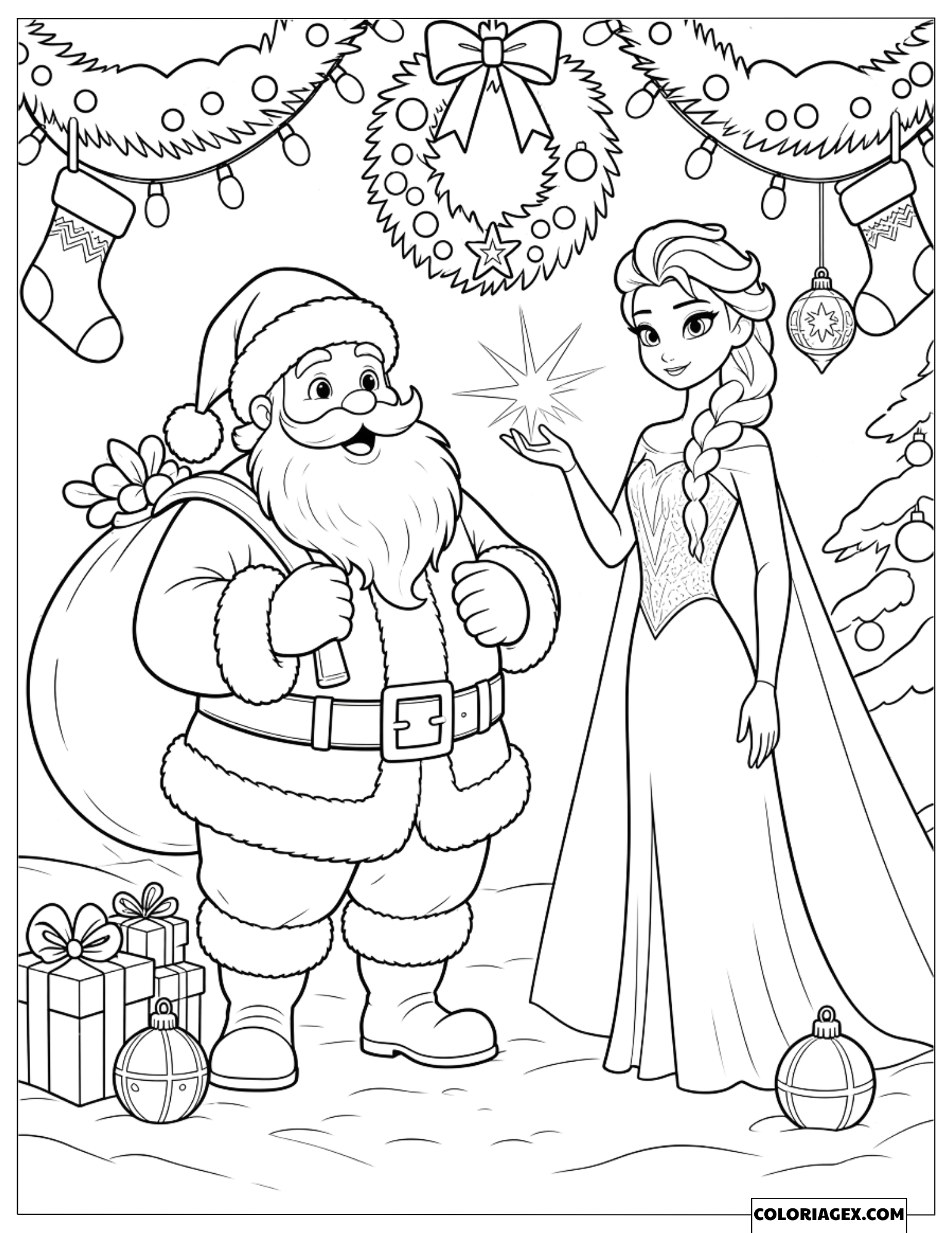Coloriage Reine des Neiges Elsa et le Père Noël avec des cadeaux