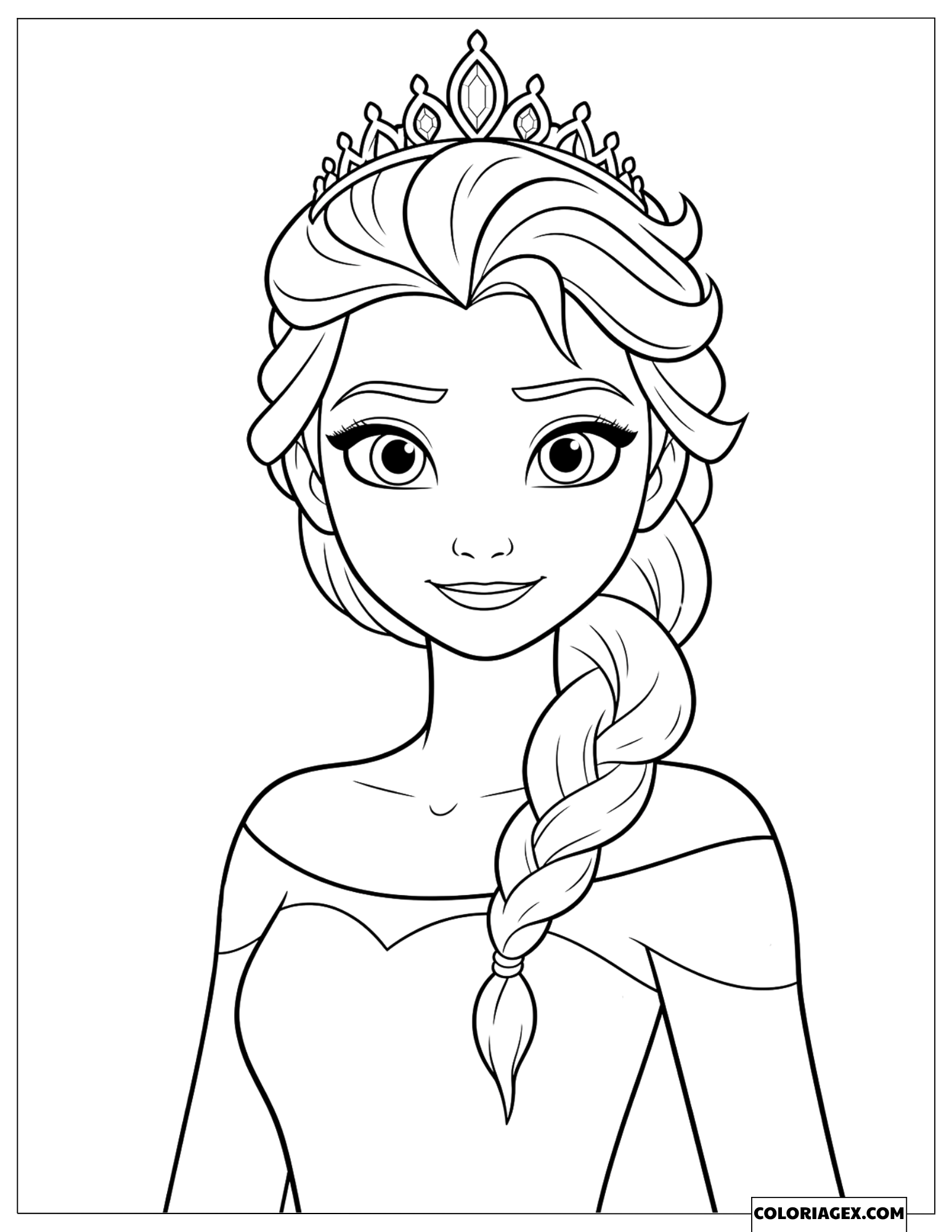 Coloriage Reine des Neiges Elsa portant une tiare et souriant doucement
