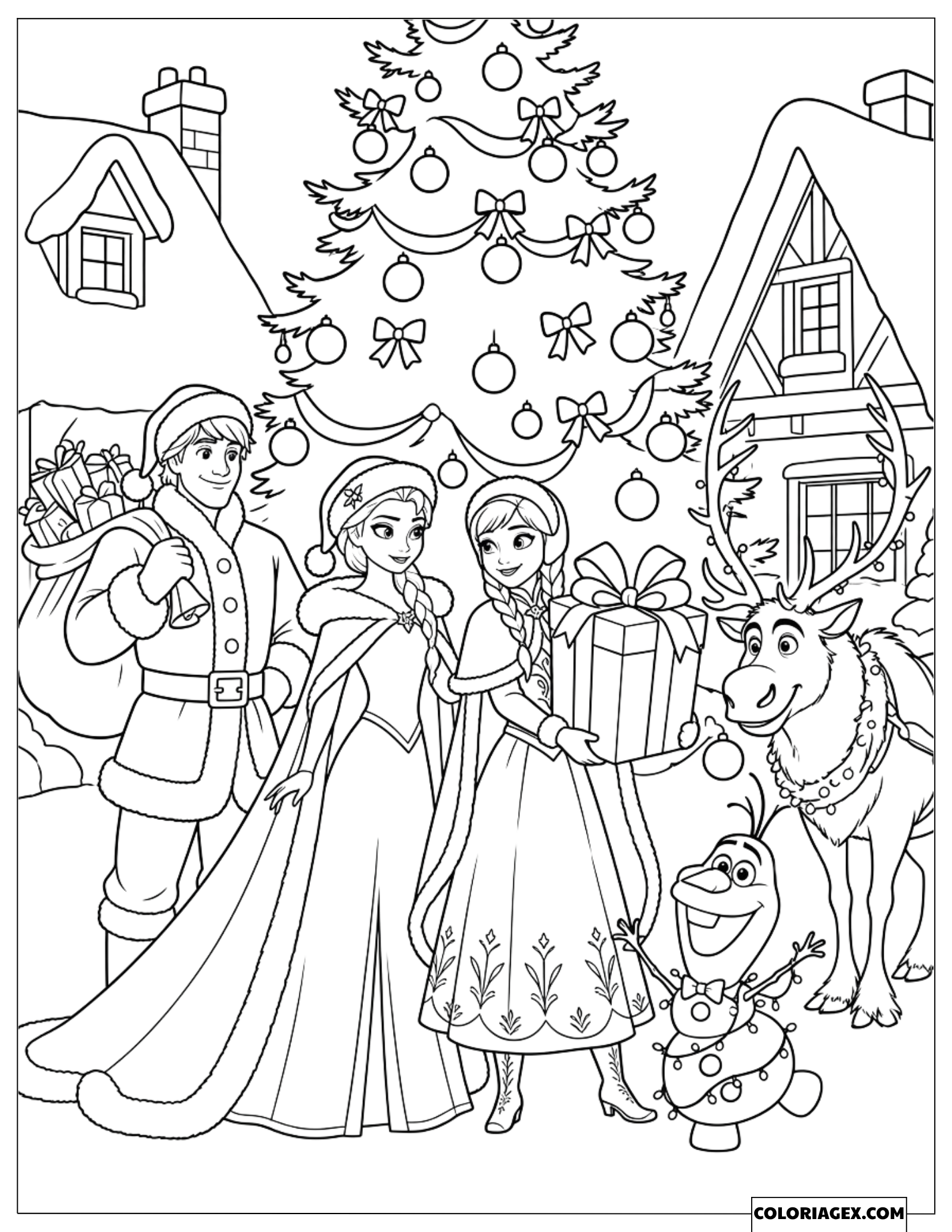 Coloriage Reine des Neiges Kristoff, Elsa, Anna, Sven et Olaf fêtant Noël