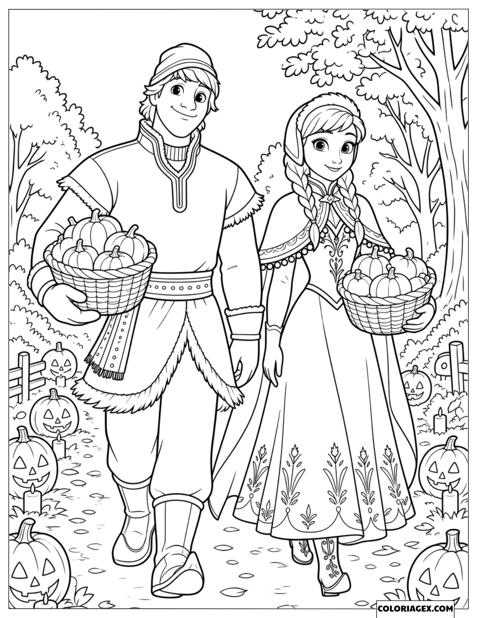 Coloriage Reine des Neiges Kristoff et Anna portant des paniers de citrouilles