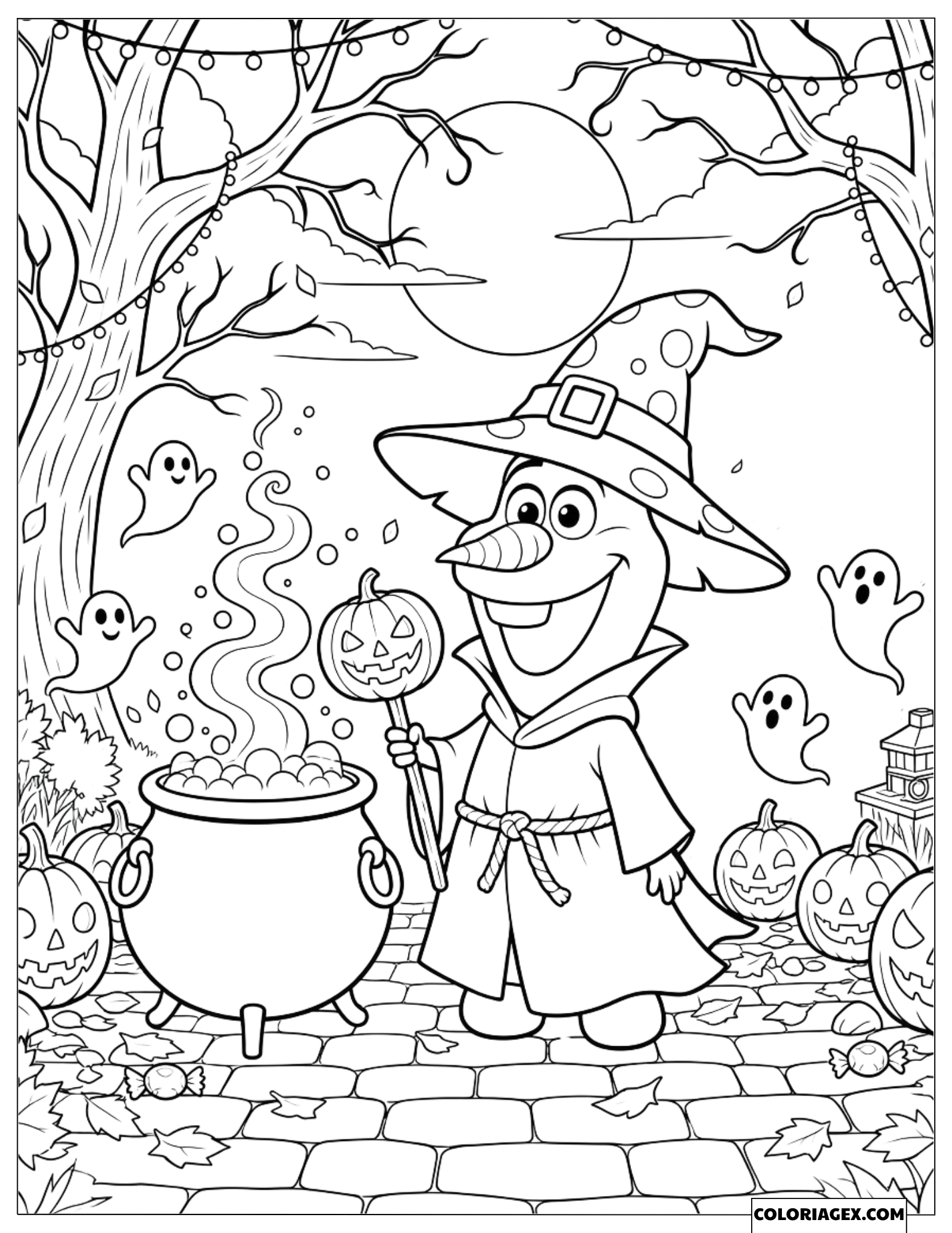 Coloriage Reine des Neiges Olaf en costume de sorcier avec une citrouille