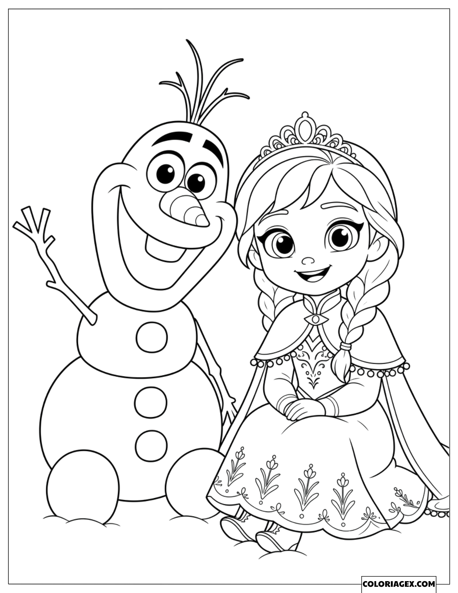 Coloriage Reine des Neiges Olaf et Anna assis ensemble