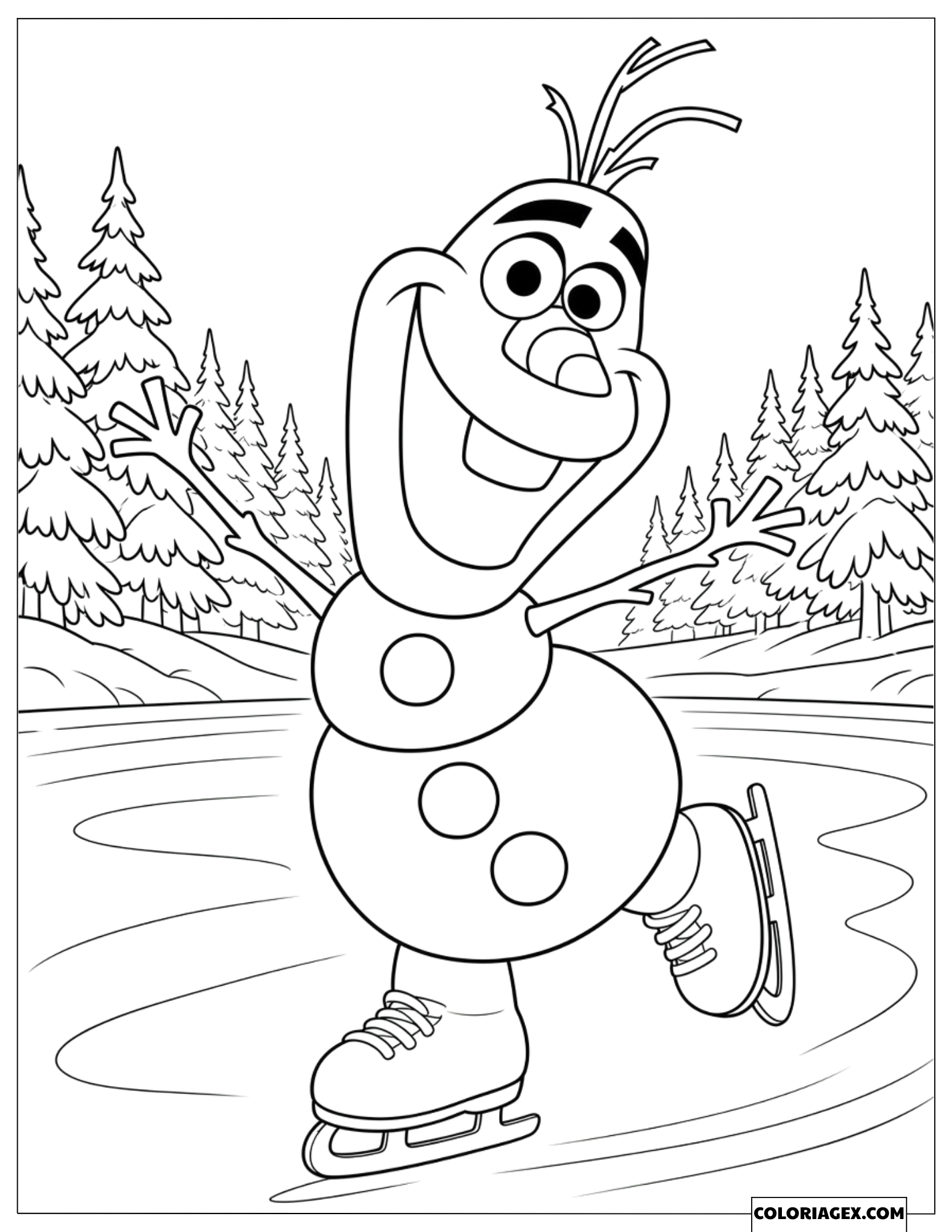Coloriage Reine des Neiges Olaf faisant du patin à glace
