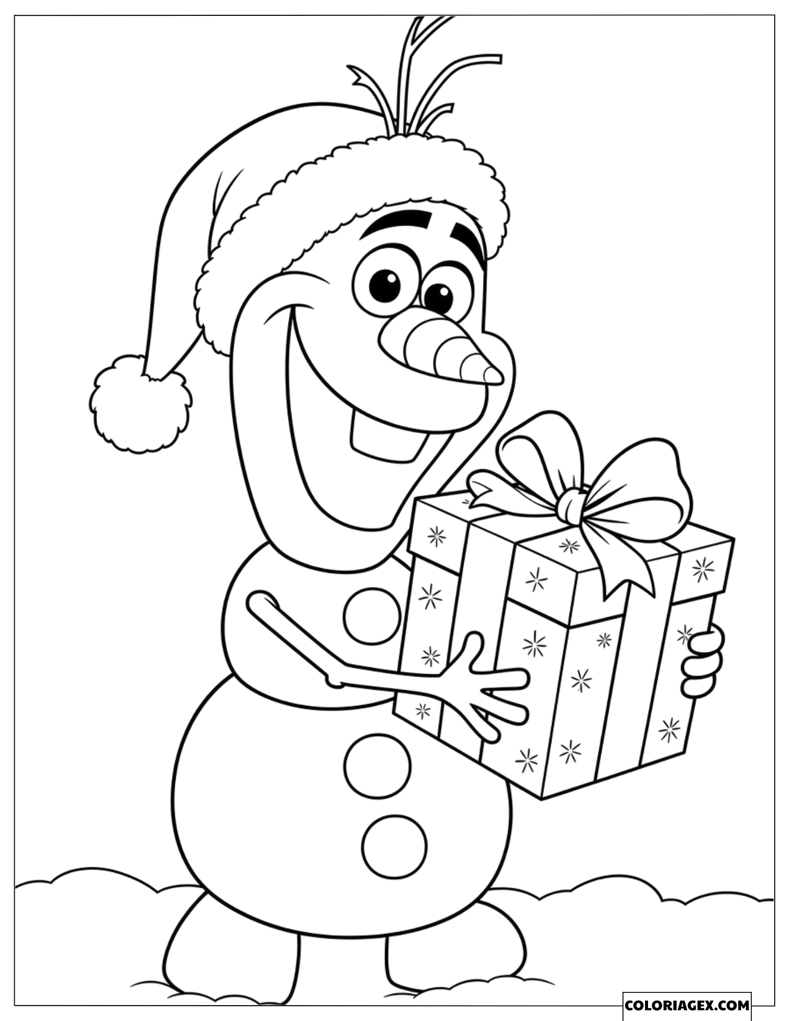 Coloriage Reine des Neiges Olaf portant un bonnet de Noël avec un cadeau