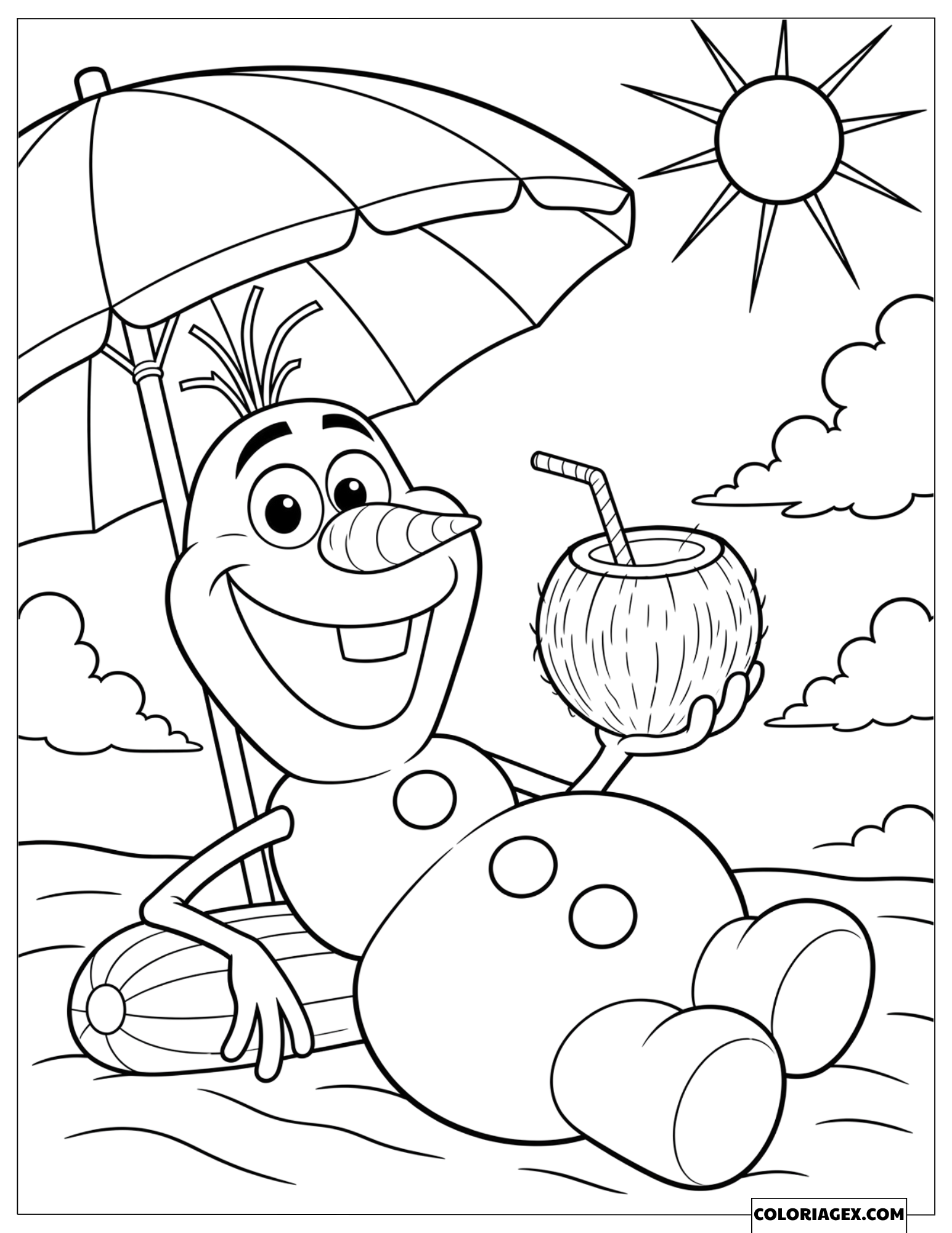 Coloriage Reine des Neiges Olaf se reposant et buvant une noix de coco
