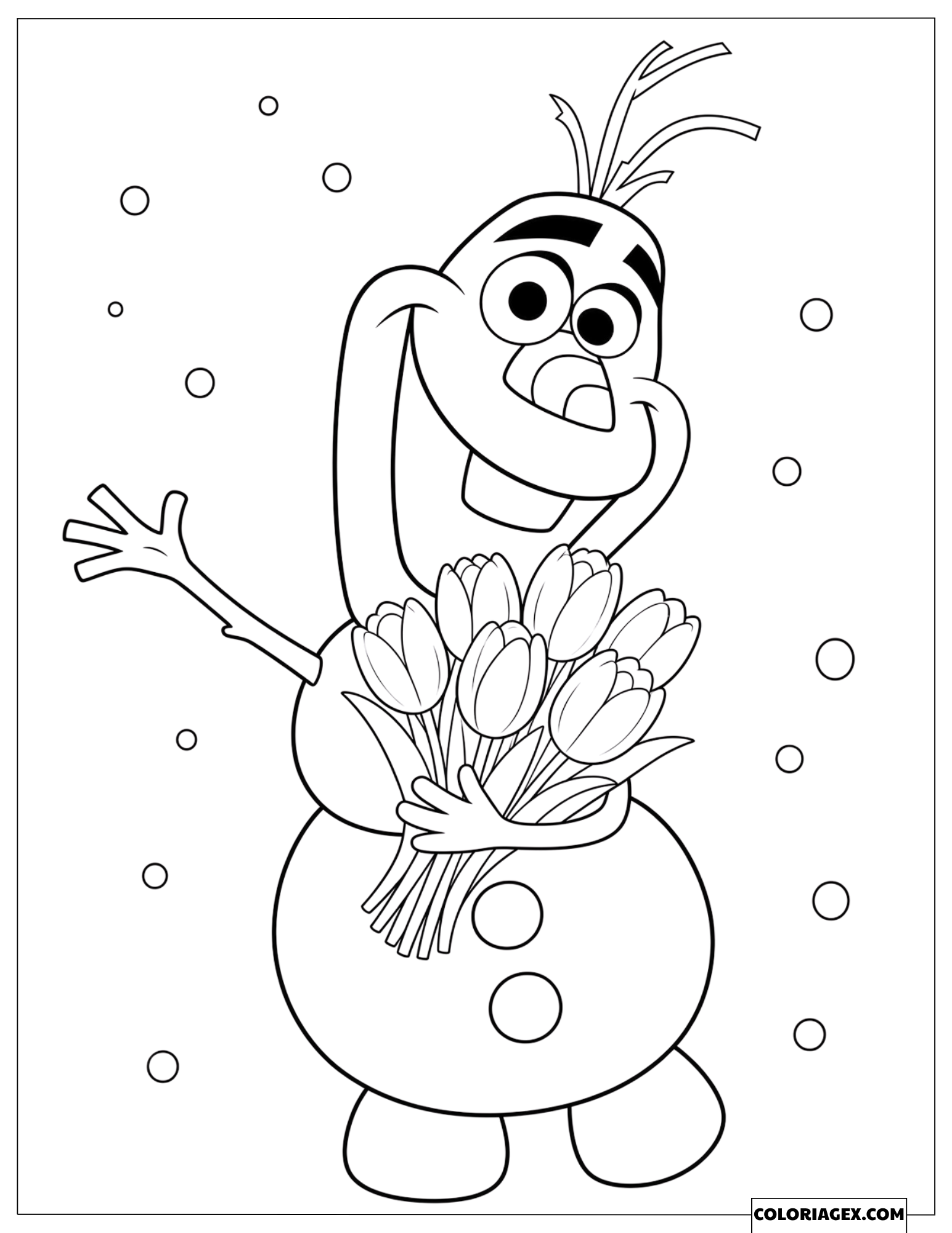 Coloriage Reine des Neiges Olaf tenant un bouquet de tulipes