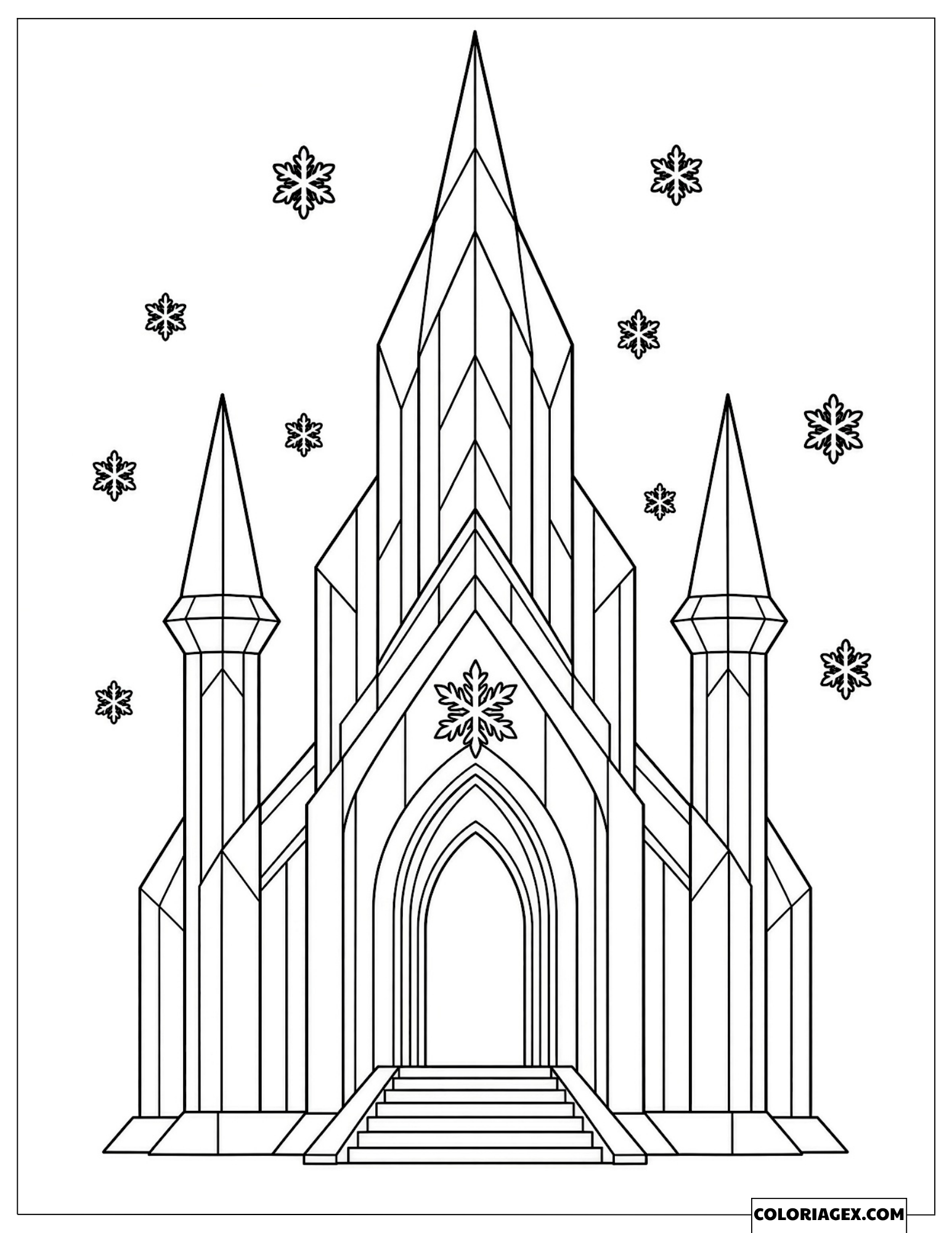 Coloriage Reine des Neiges du château de glace et des flocons de neige
