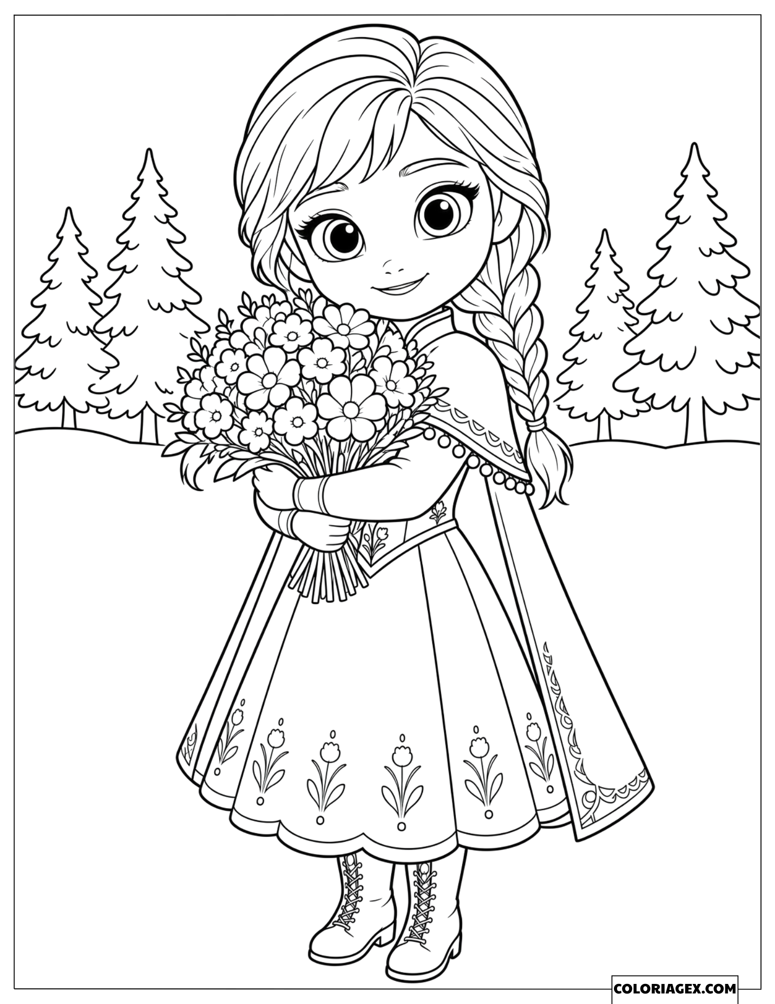 Coloriage Reine des Neiges la princesse Anna tenant un bouquet de fleurs