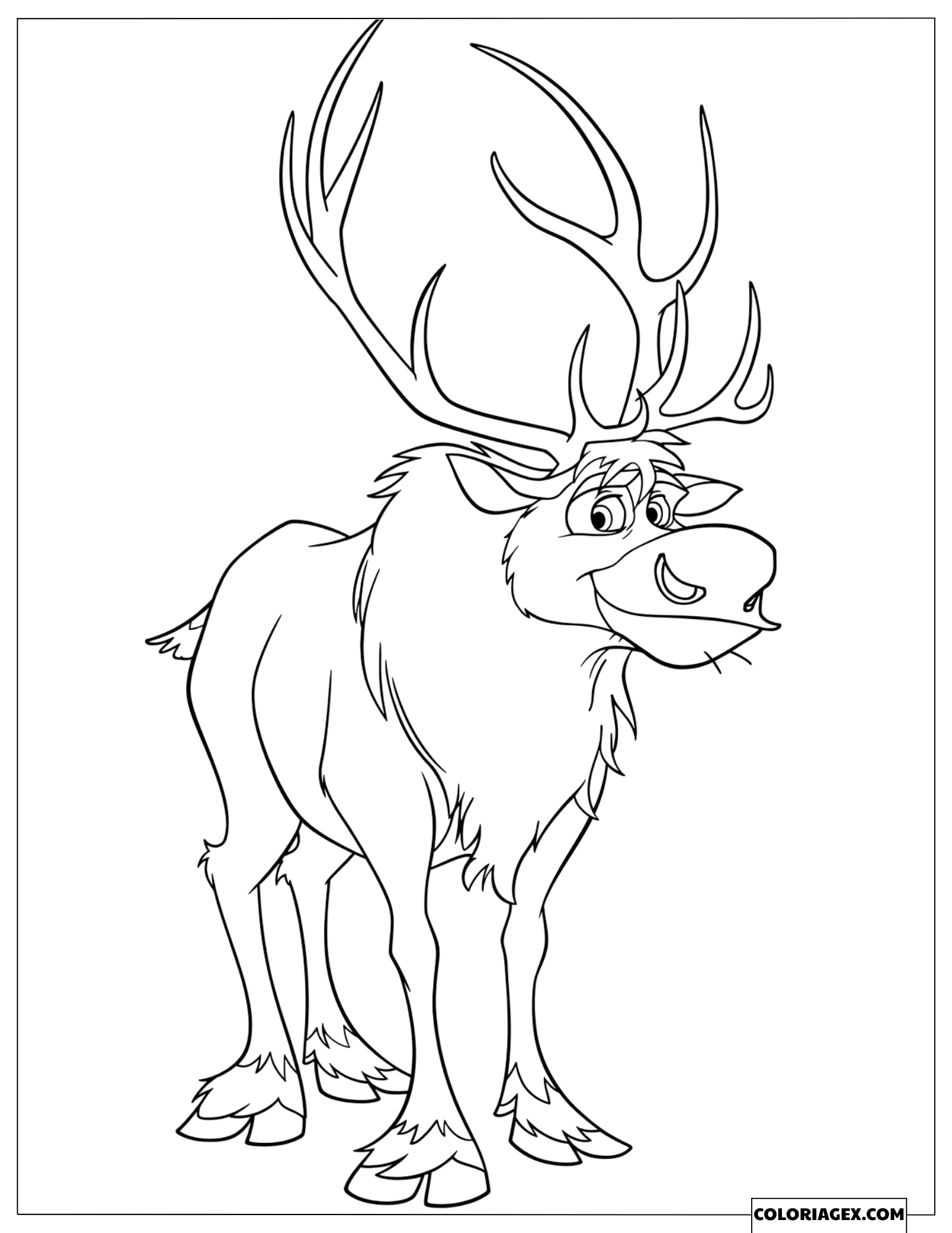 Coloriage Reine des Neiges le renne Sven debout et souriant amicalement