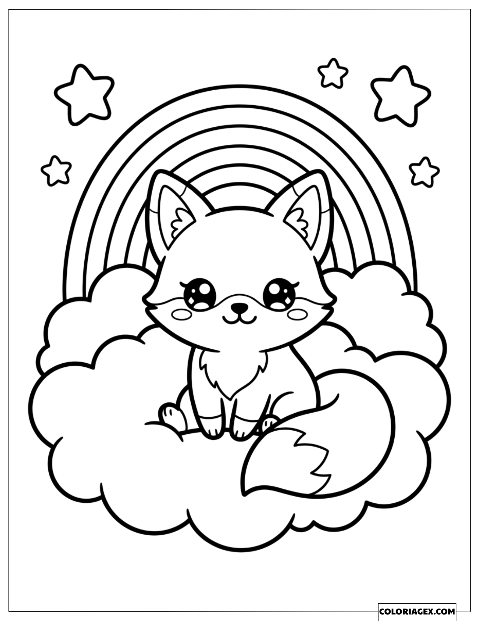 Coloriage Renard Kawaii Adorable Assis sur un Nuage Arc-en-ciel
