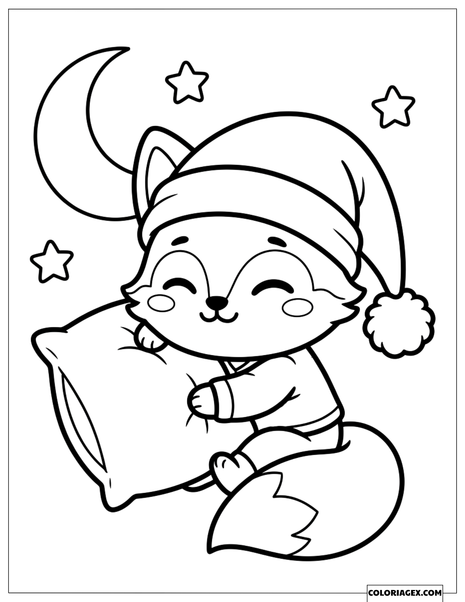 Coloriage Renard Kawaii en Pyjama Faisant un Câlin à un Oreiller