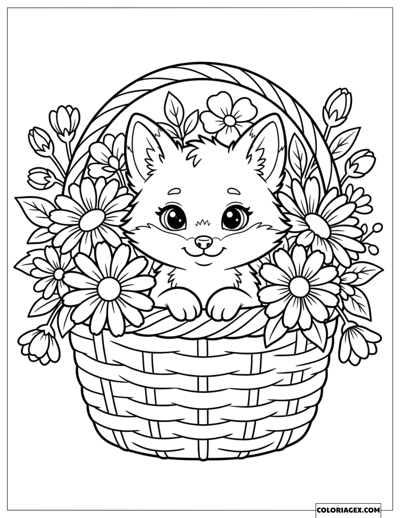 Coloriage Renard Mignon Assis dans un Panier de Fleurs
