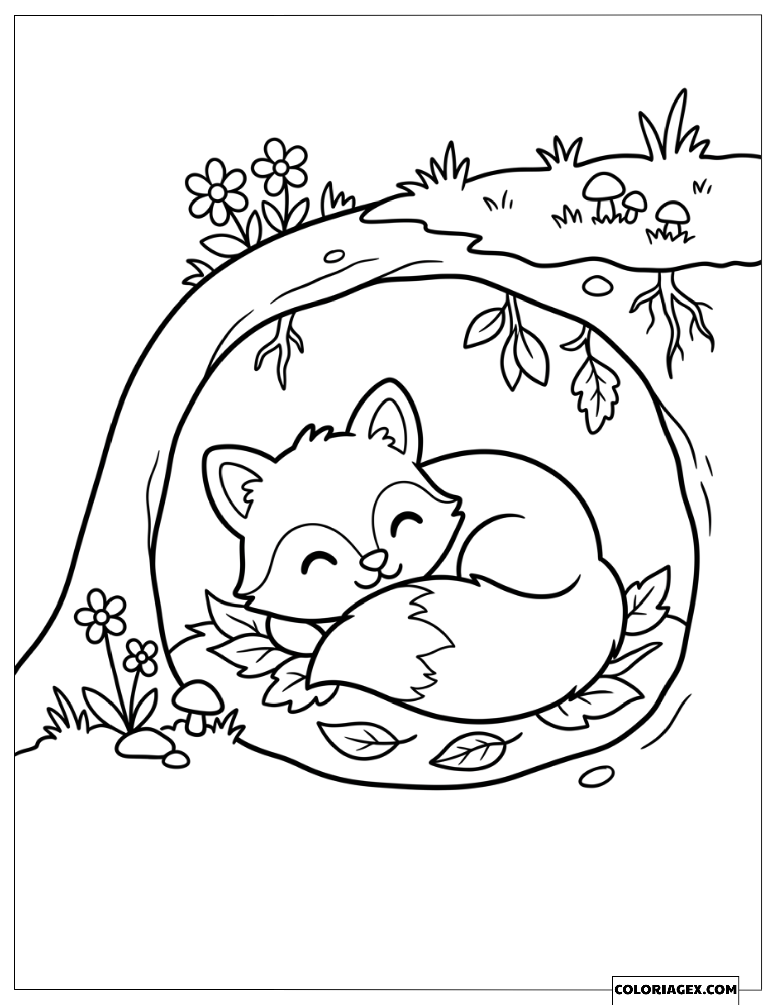 Coloriage Renard Mignon Endormi dans un Creux d'Arbre Chaleureux