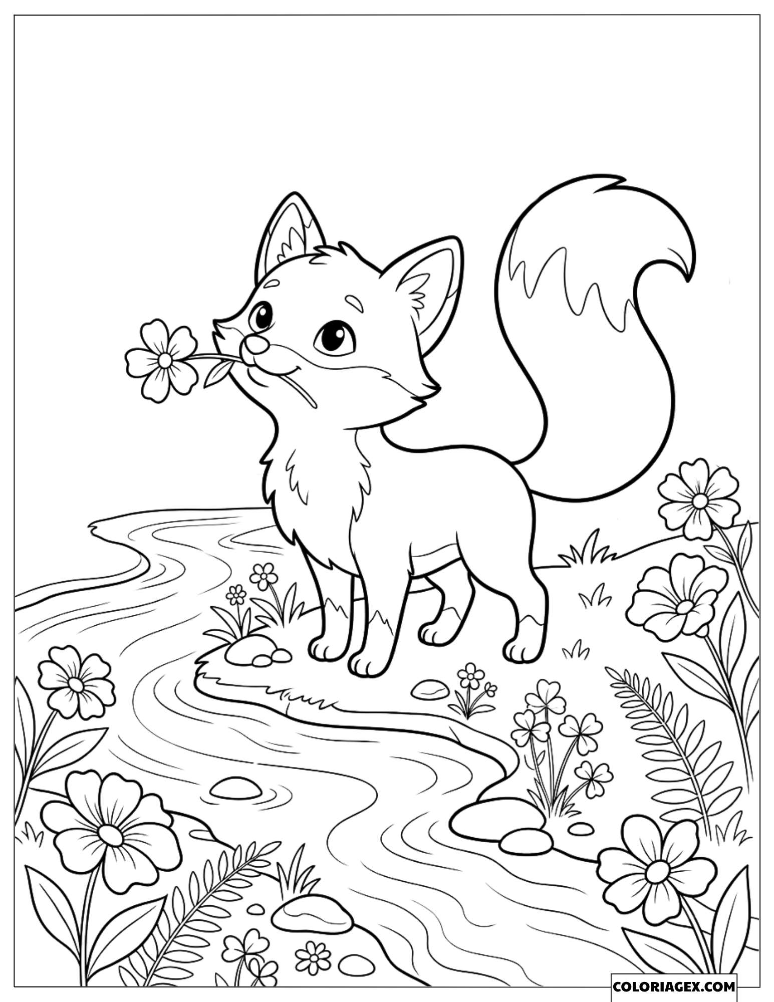 Coloriage Renard Mignon Tenant une Fleur Près d'un Ruisseau