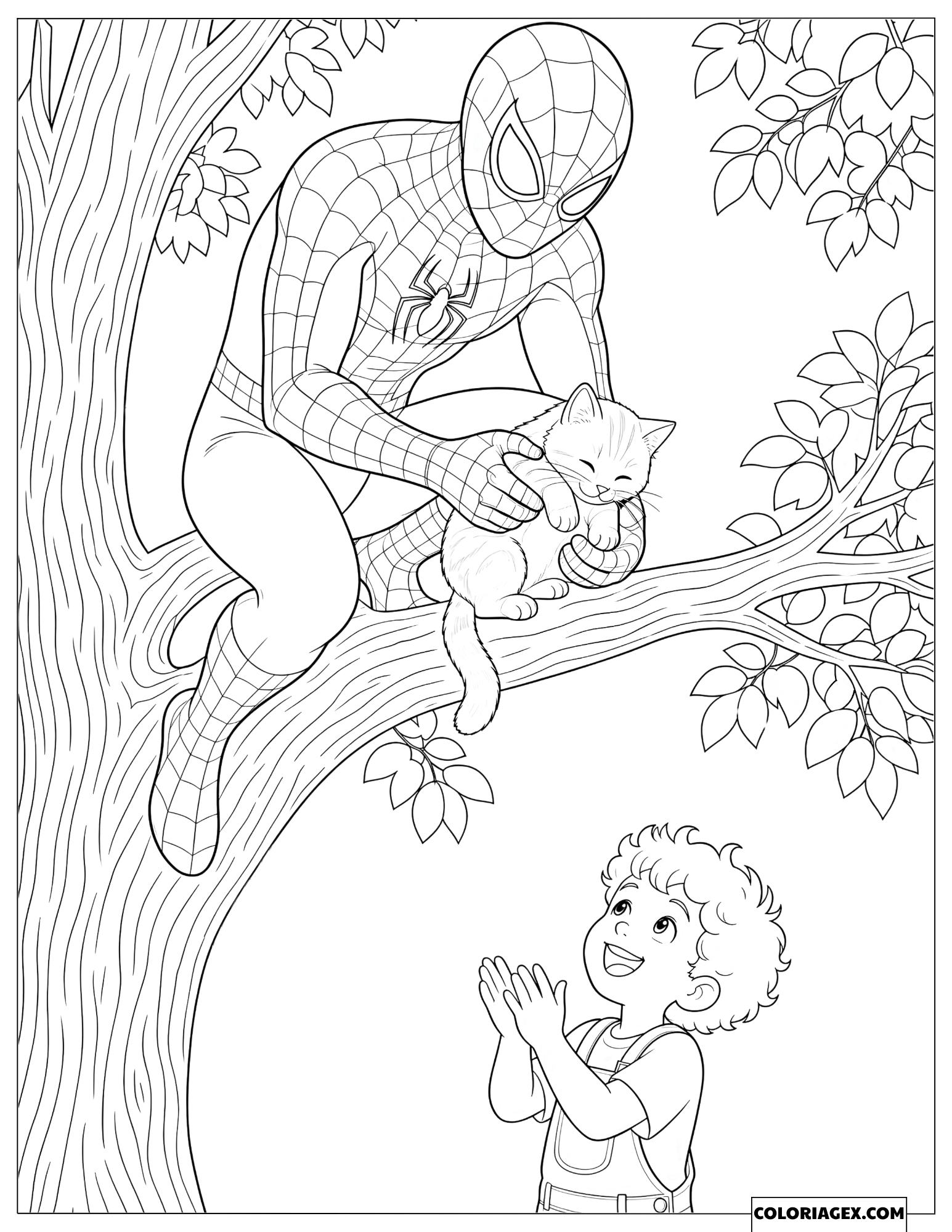 Coloriage Spiderman et Chat dans l'Arbre