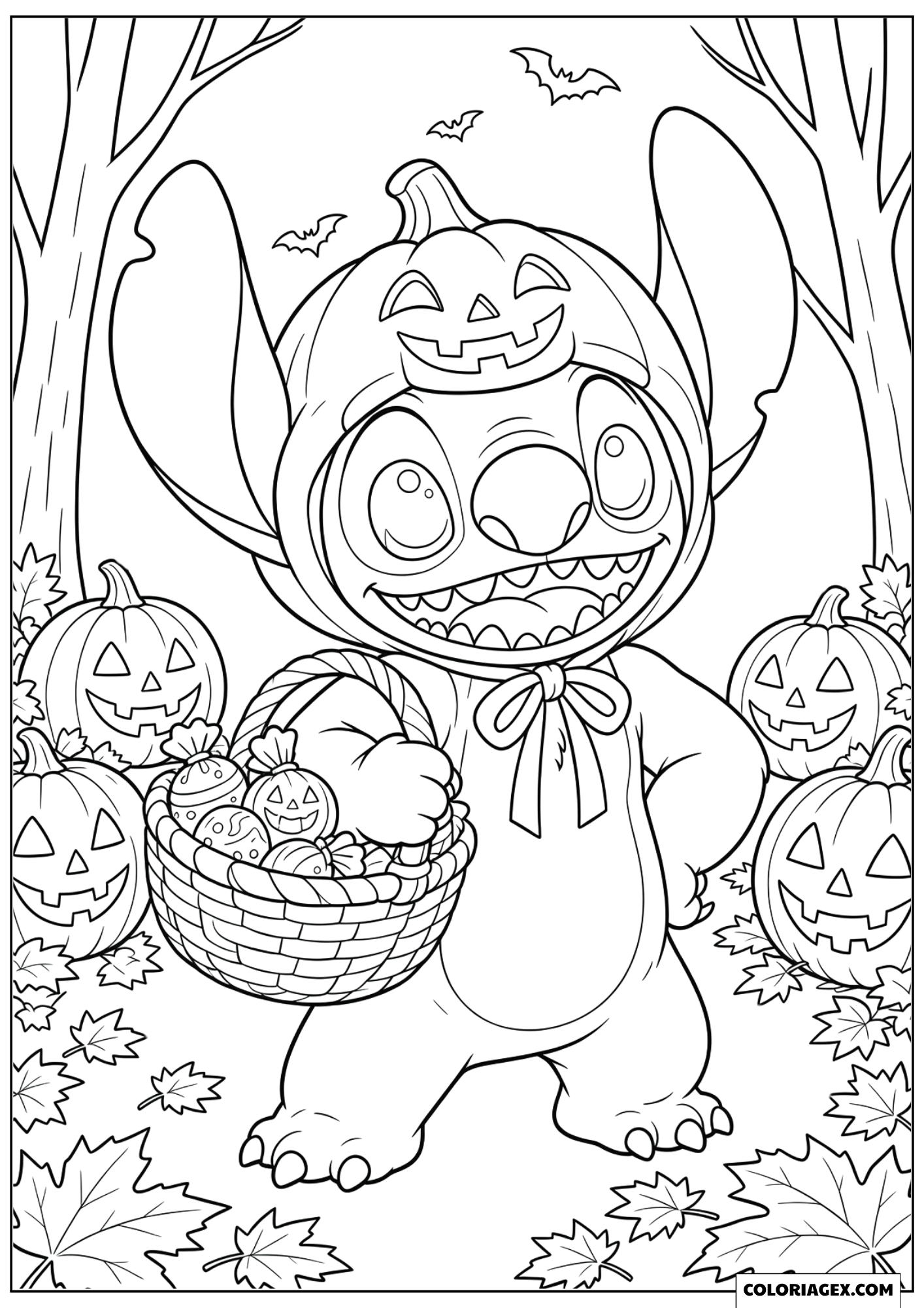 Coloriage Stitch Déguisé en Citrouille Tenant un Panier de Bonbons