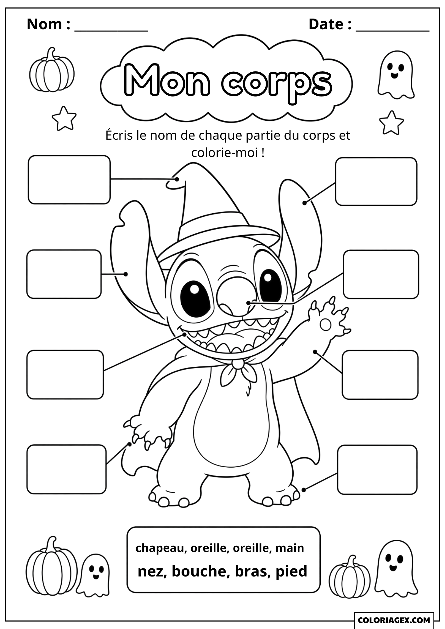 Coloriage Stitch Halloween à imprimer jeu Mon corps pour enfants