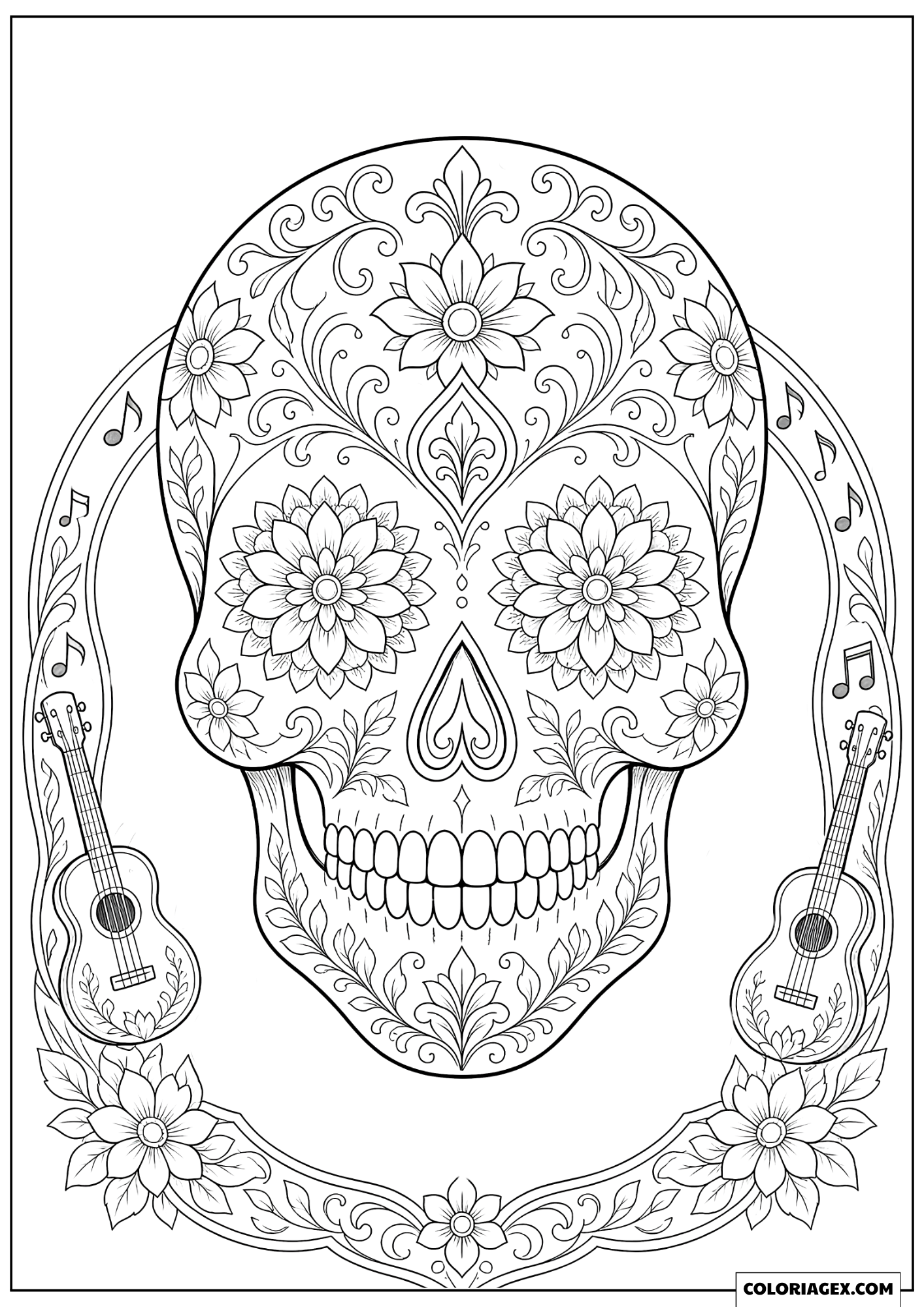 Coloriage Tête de Mort Calavera Mexicaine avec des Guitares