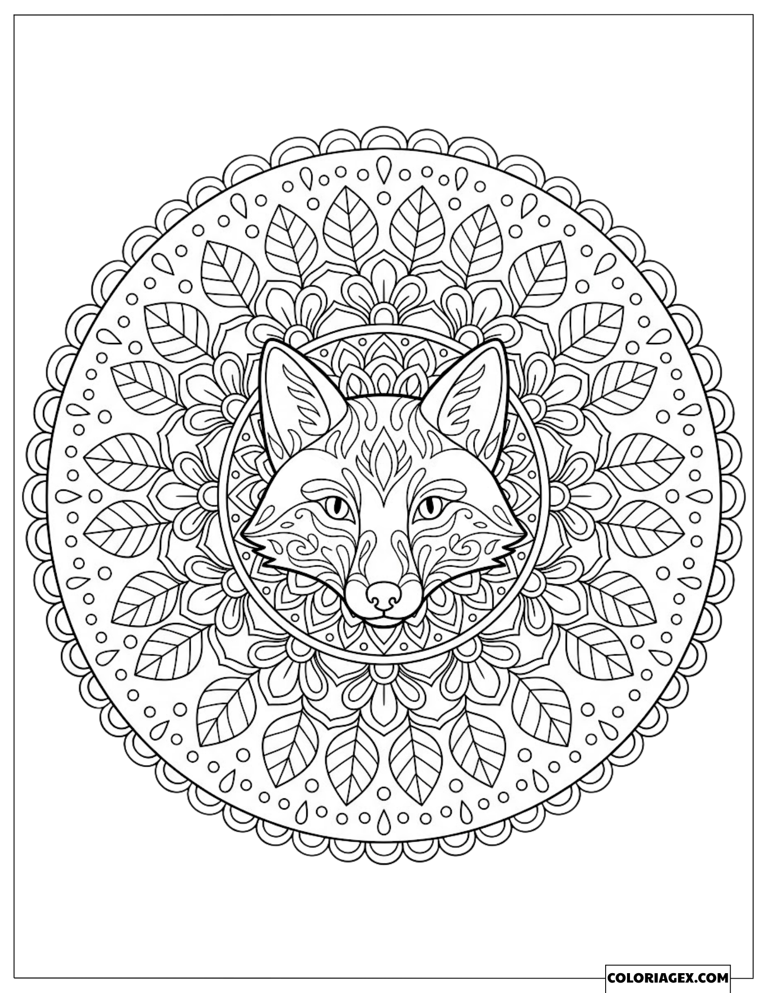 Coloriage Tête de Renard au Centre d'un Mandala de Feuilles