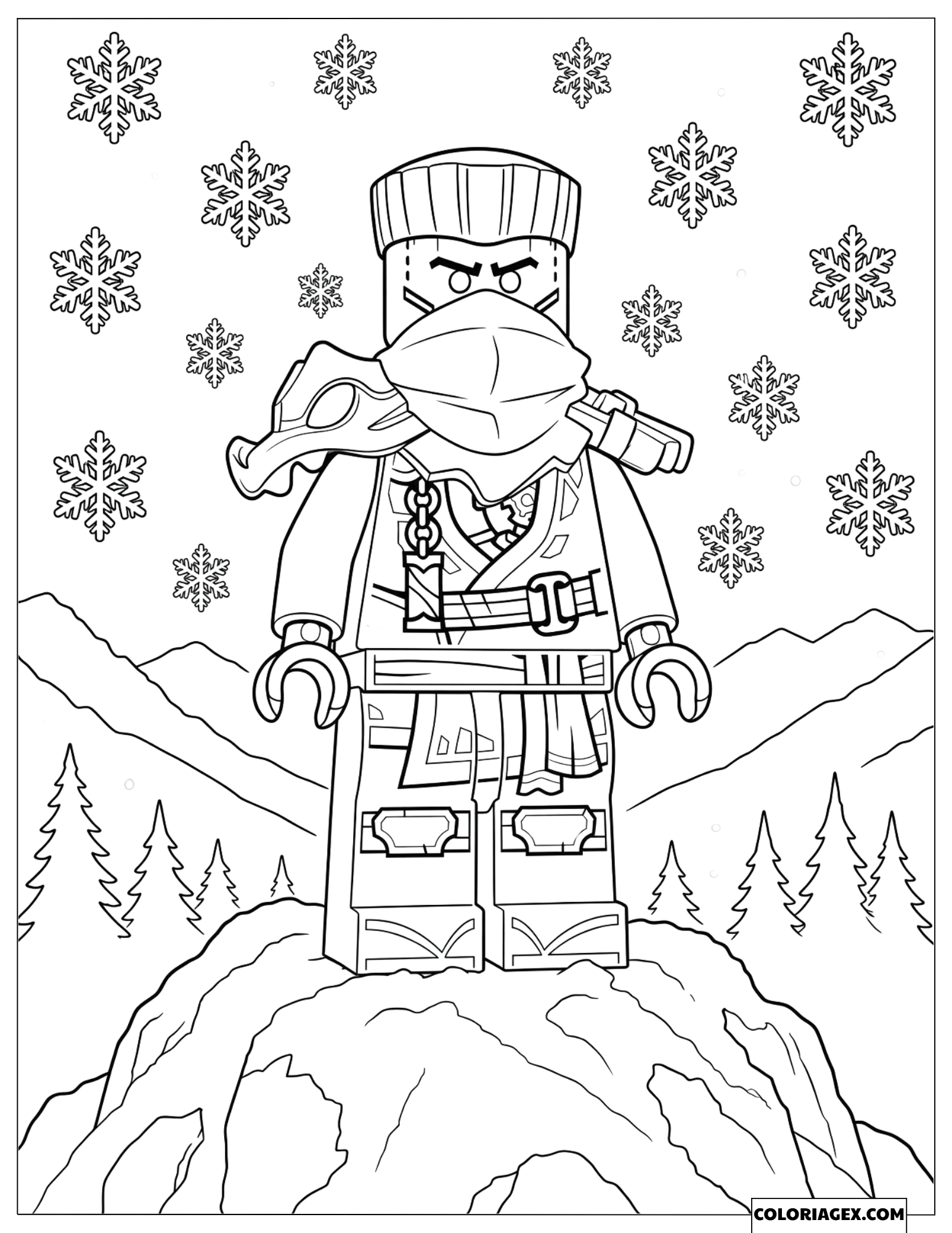 Coloriage Zane debout sur une montagne enneigée sous des flocons