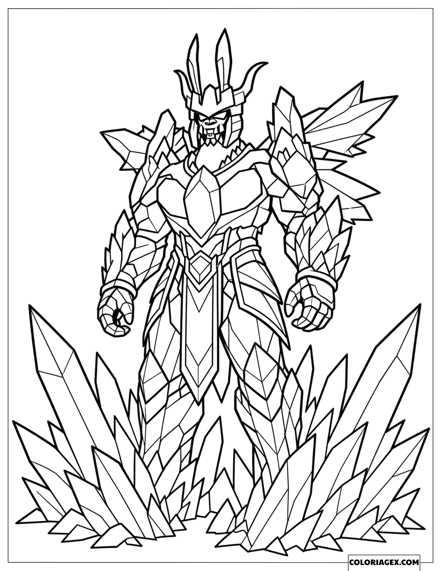 Coloriage d'Overlord sous sa forme de Roi de Cristal se tenant majestueusement parmi les cristaux