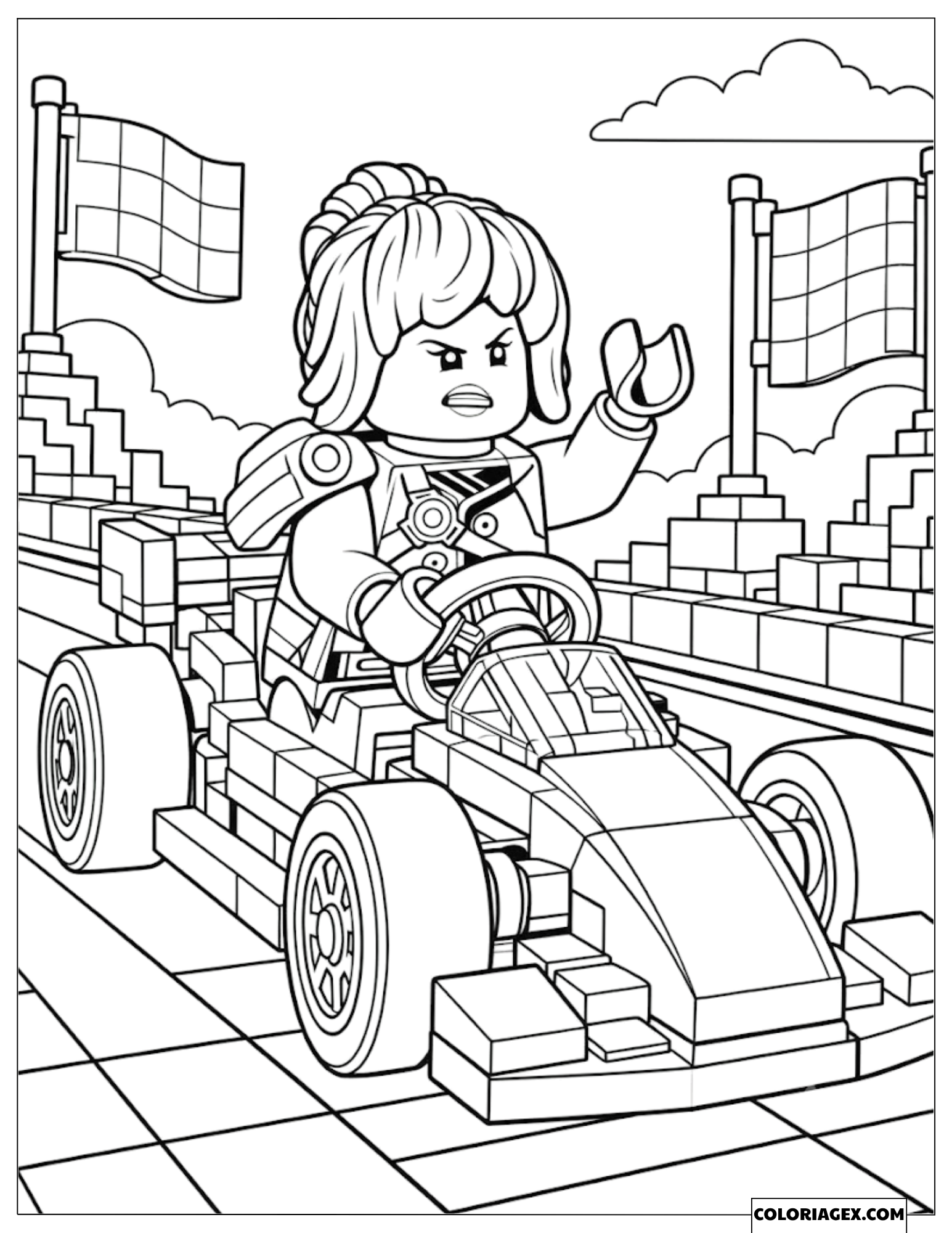 Coloriage de Nya conduisant une voiture de course sur une piste avec des drapeaux
