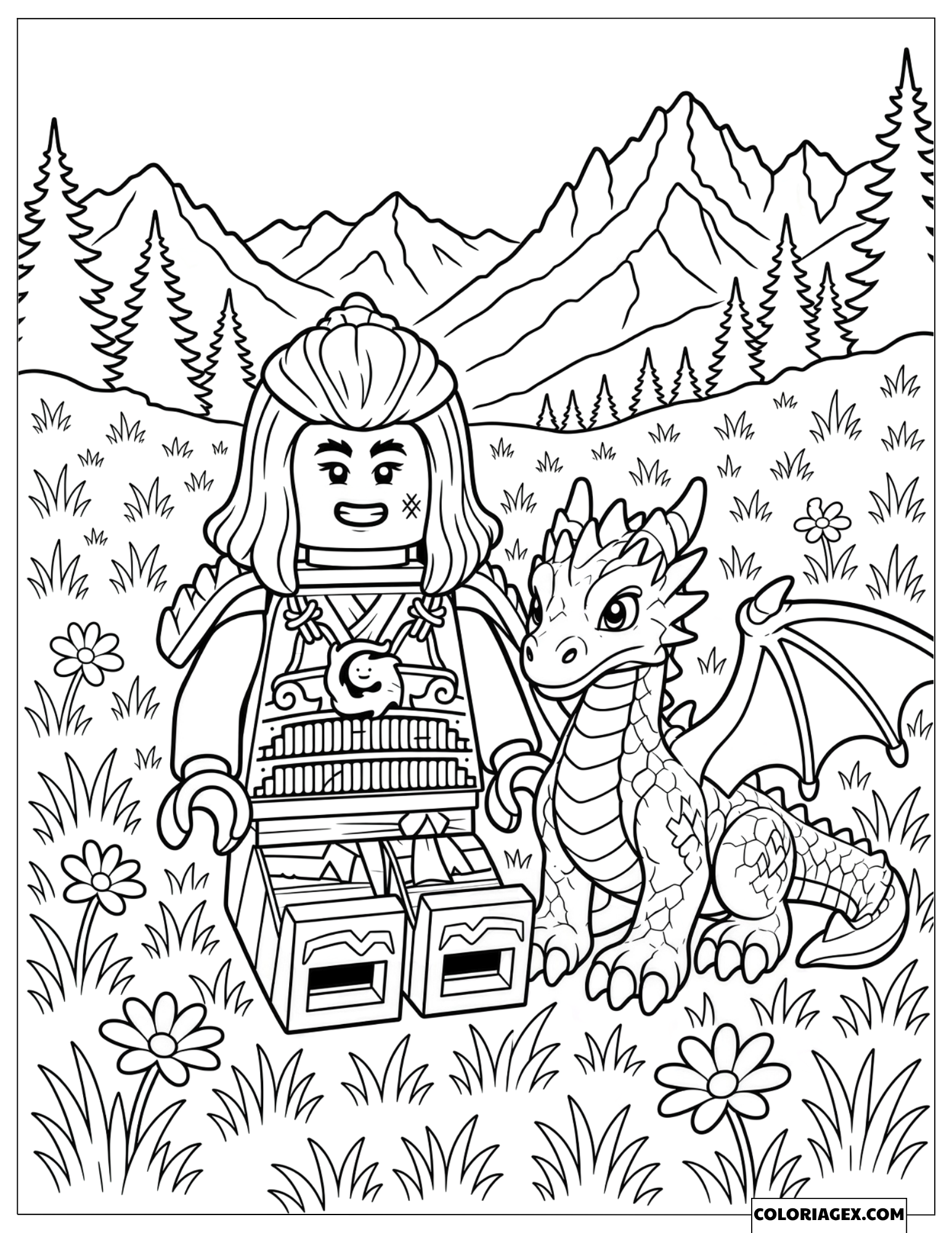 Coloriage de Wyldfyre assise à côté d'un petit dragon dans un champ de fleurs