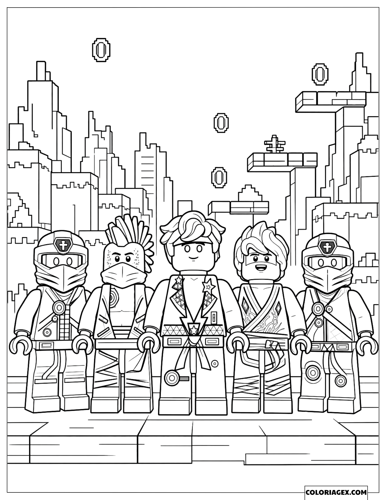 Coloriage de tout le groupe de ninja en tenues de style de jeu pixel posant