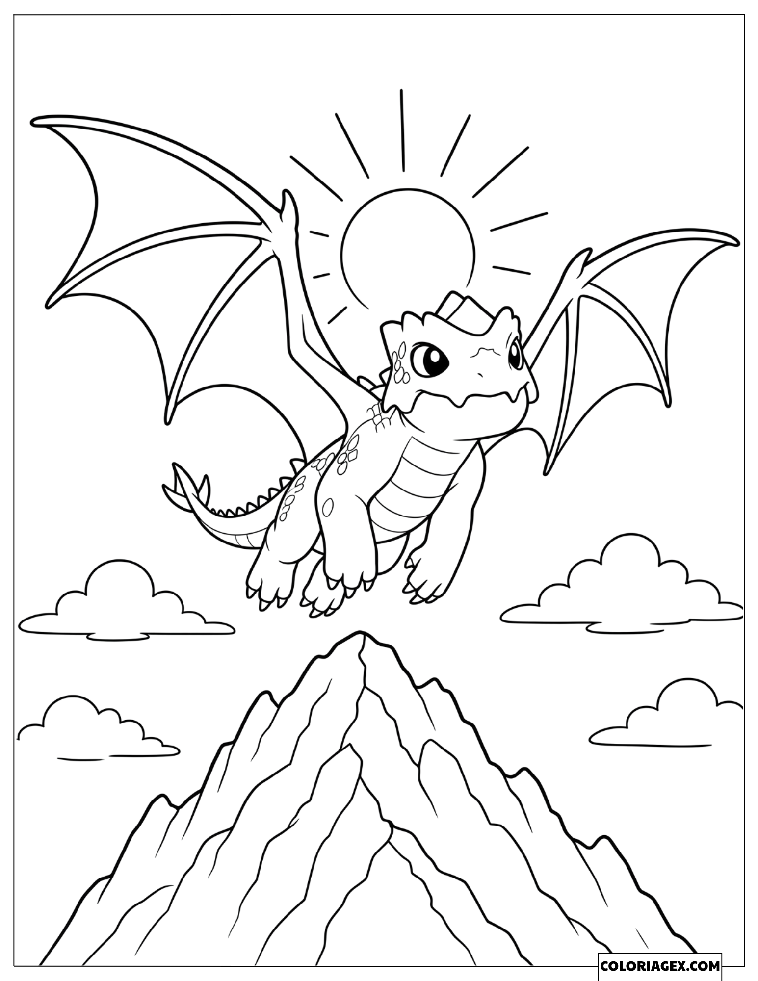 Coloriage du bébé dragon Riyu volant au-dessus d'une montagne sous le soleil