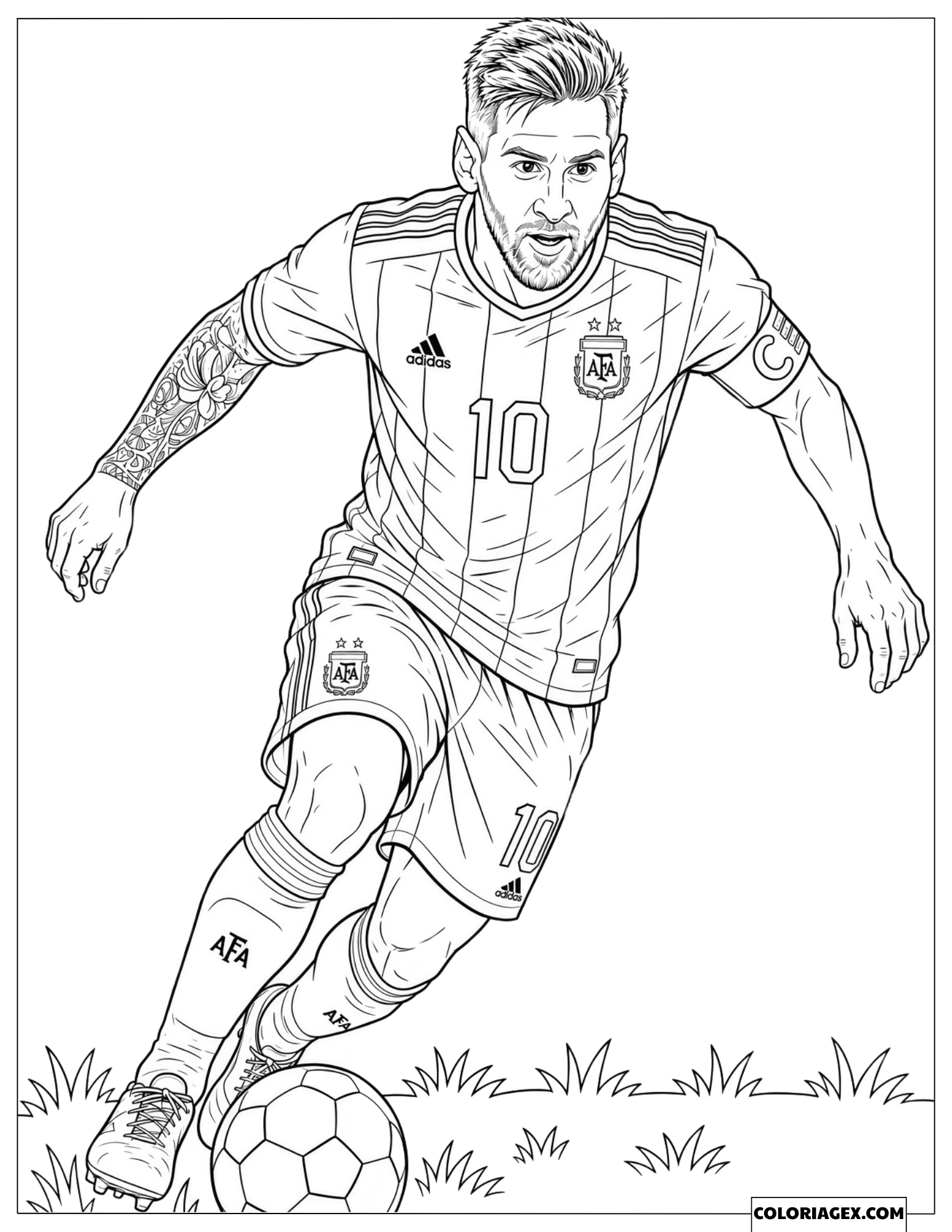 Coloriage du célèbre joueur de football Lionel Messi dribblant avec le ballon