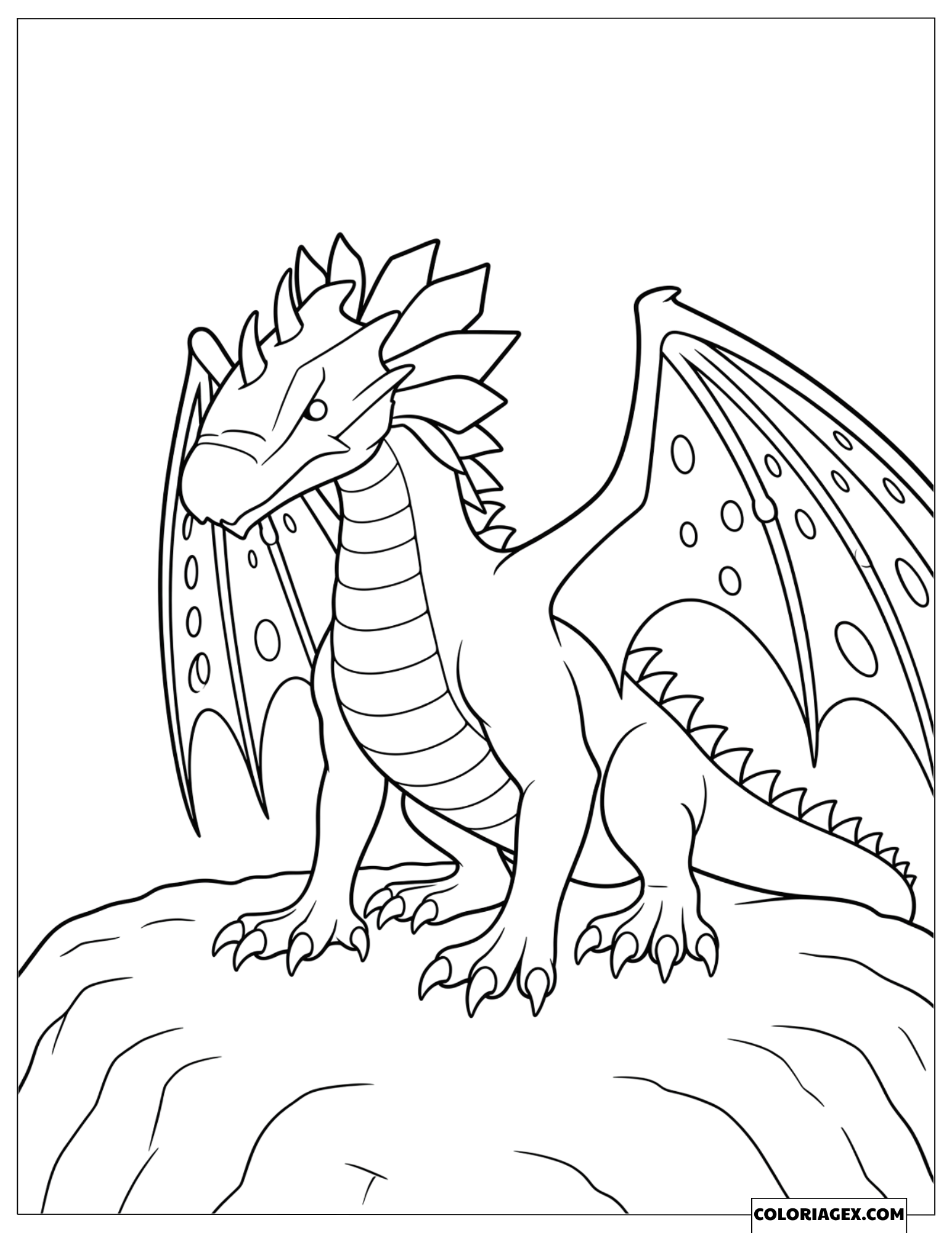 Coloriage du dragon de terre Rocky assis solidement sur un rocher élevé