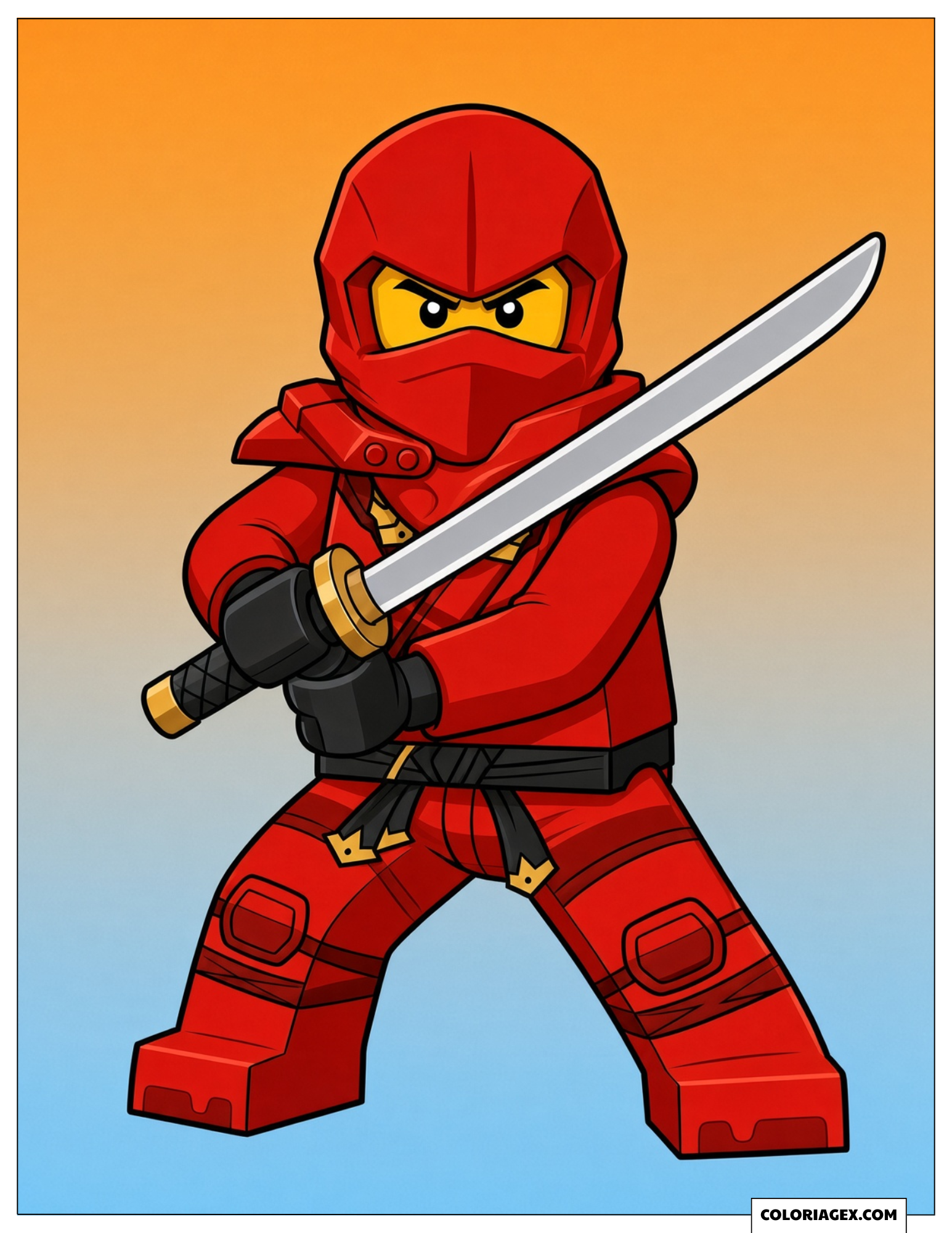 Coloriage du ninja Kai tenant une épée en position de combat