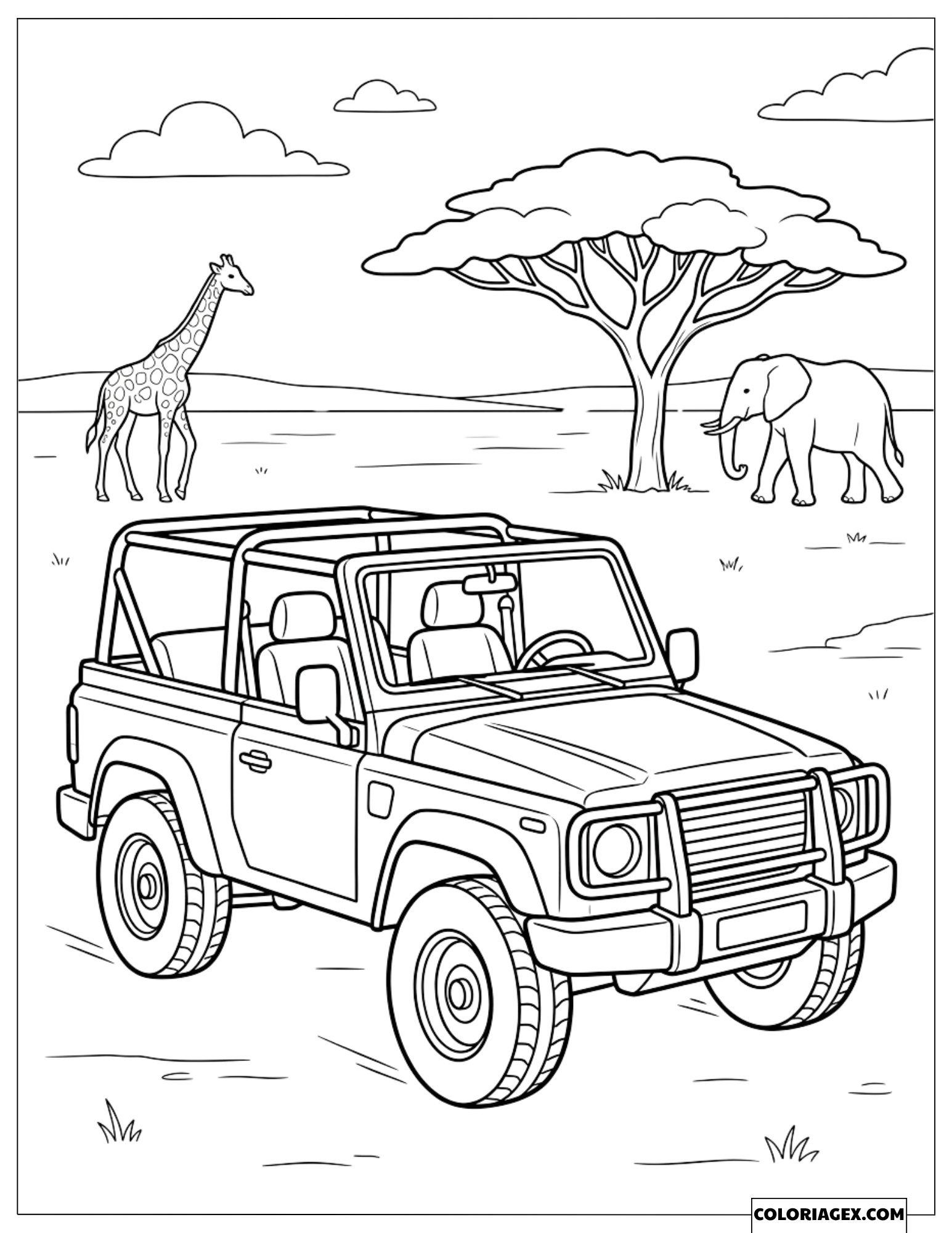 Coloriage d'un 4x4 Safari explorant la savane avec une girafe et un éléphant
