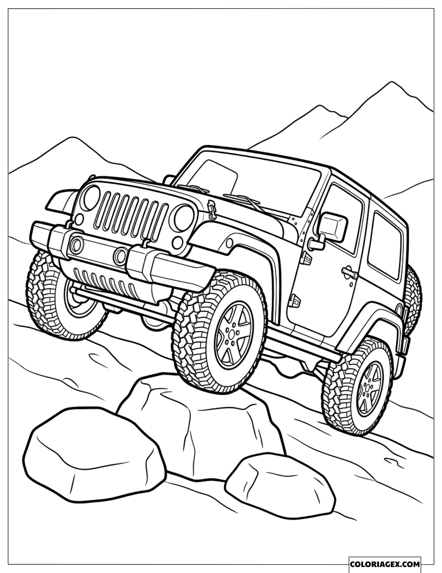Coloriage d'un Jeep 4x4 franchissant des rochers escarpés en montagne