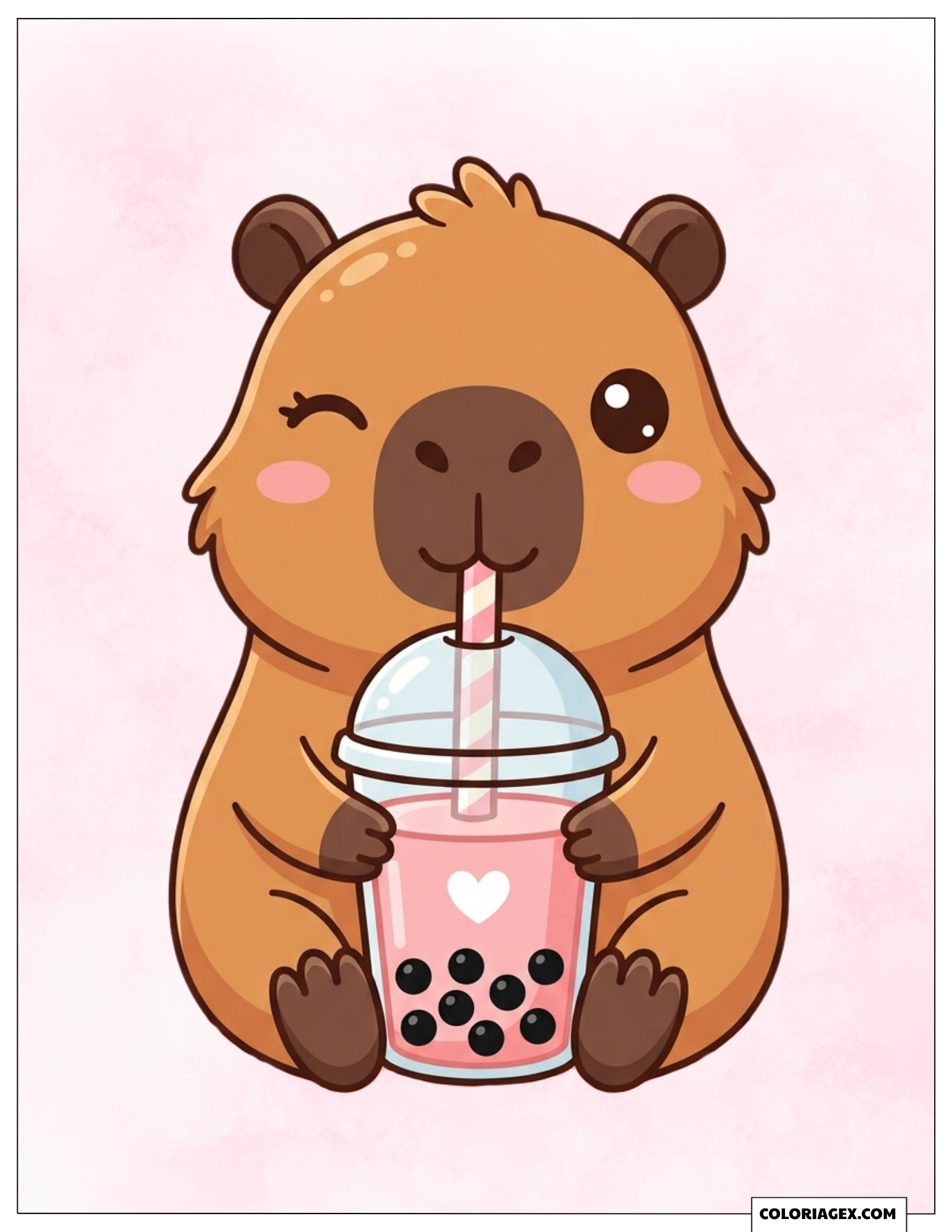 Coloriage d'un adorable capybara buvant un délicieux bubble tea rose