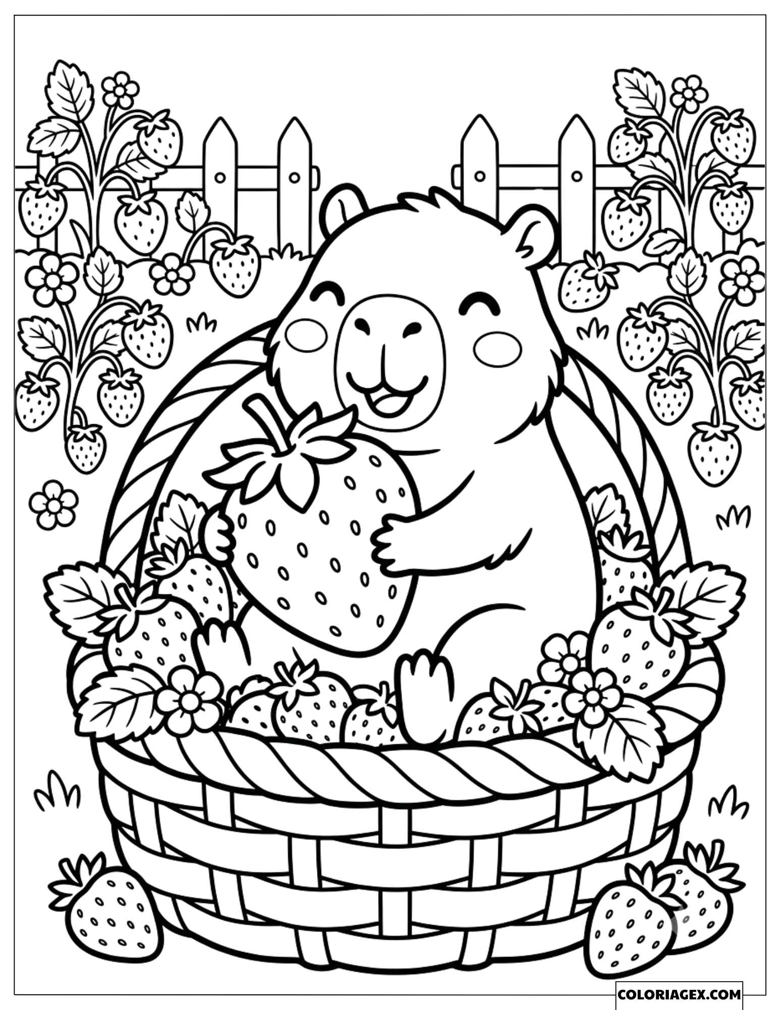 Coloriage d'un capybara assis dans un grand panier câlinant une fraise dans le jardin