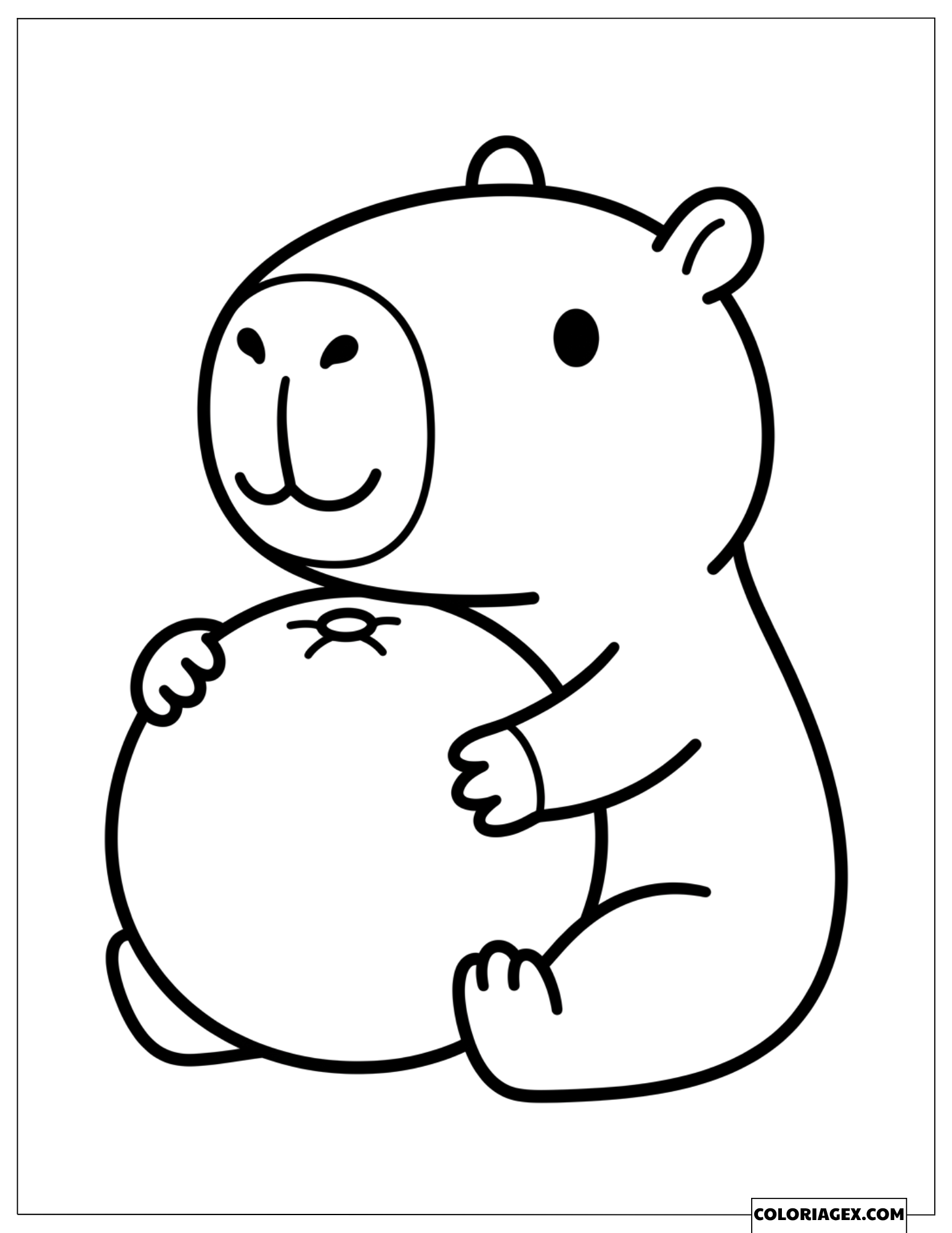 Coloriage d'un capybara assis serrant une grosse orange ronde contre sa poitrine