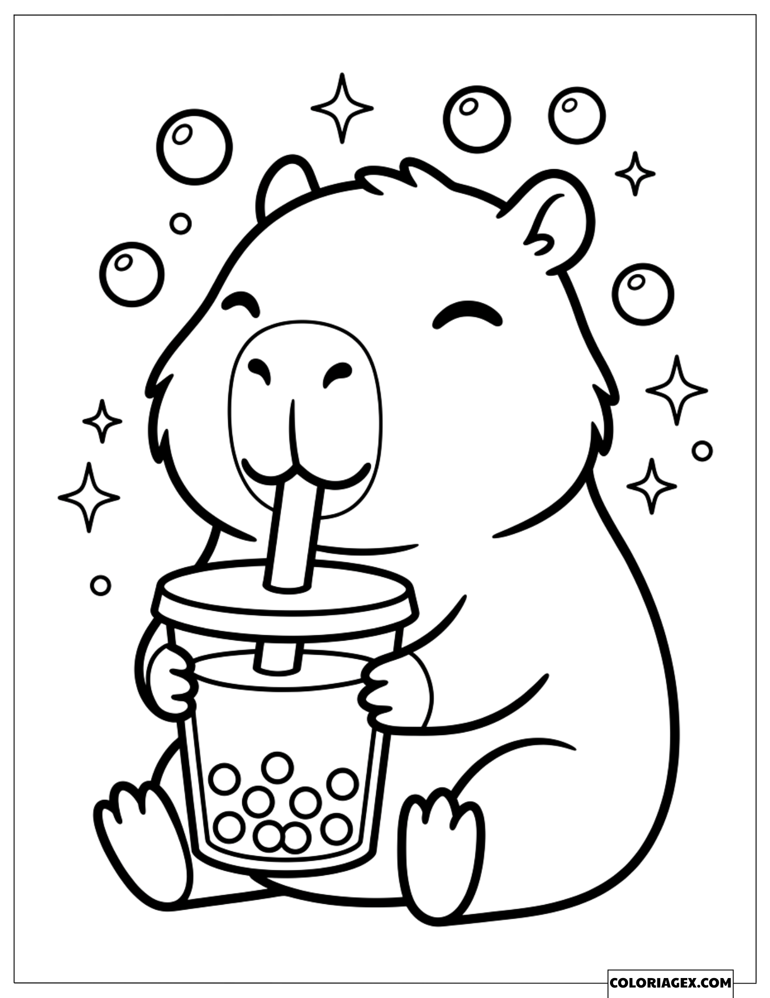 Coloriage d'un capybara buvant un délicieux thé aux perles parmi des bulles de savon
