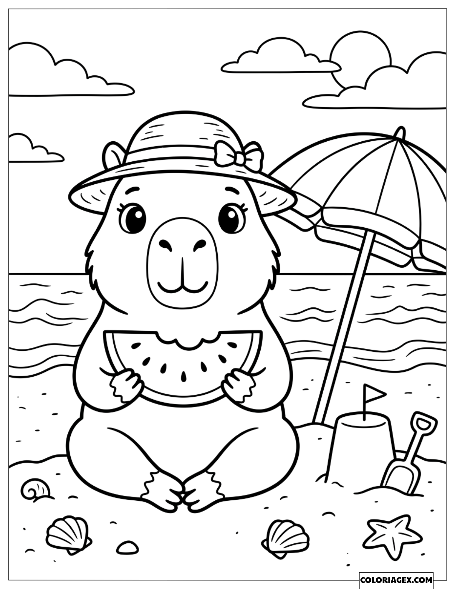Coloriage d'un capybara coiffé d'un chapeau mangeant une pastèque sur la plage