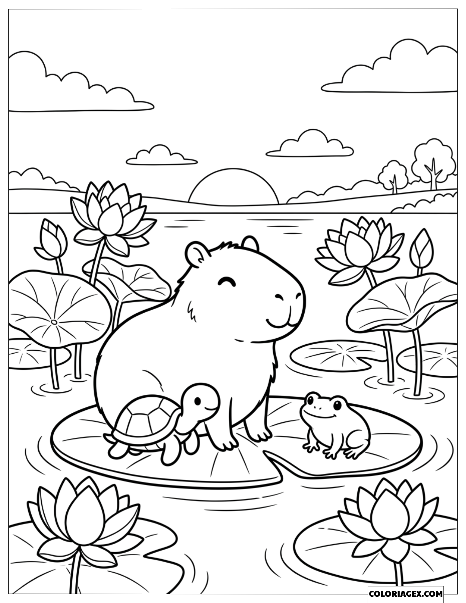 Coloriage d'un capybara, d'une tortue et d'une grenouille sur une feuille de lotus
