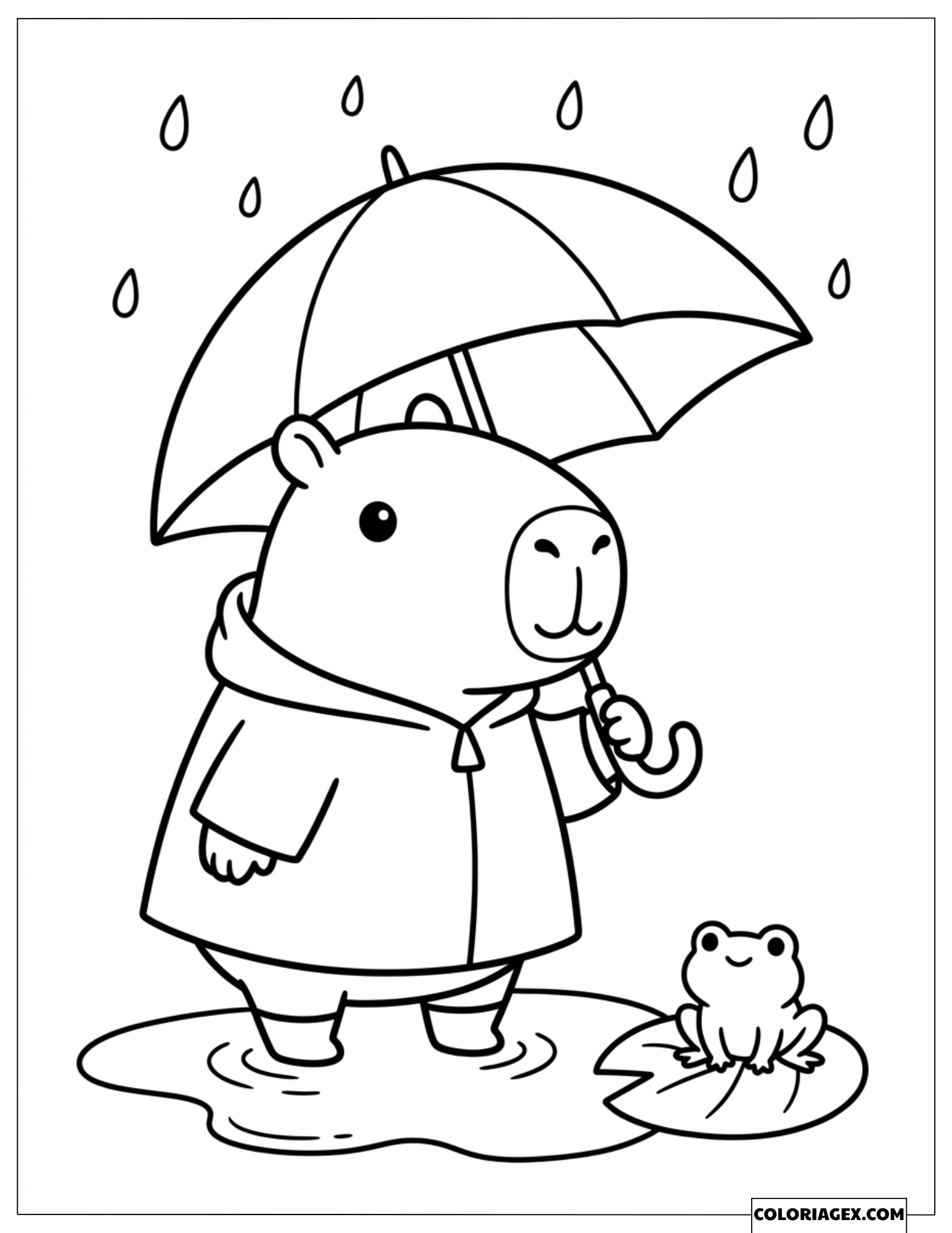 Coloriage d'un capybara en imperméable tenant un parapluie près d'une petite grenouille
